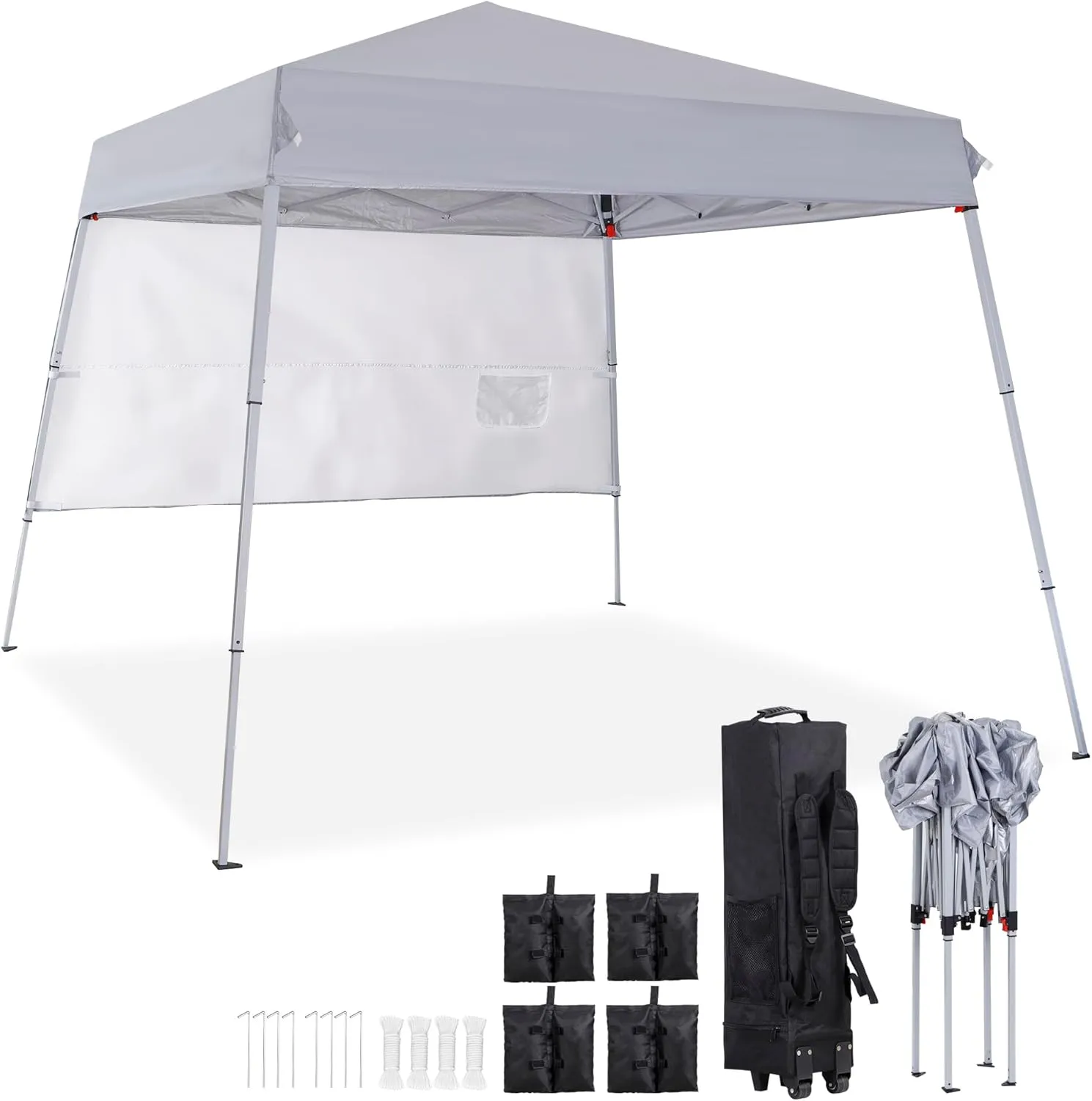 Pop Up Canopy Tent 8x8 FT, Beach Camping Party Tent Shelter,Instant Portable Gazebo w/1 Removable Sidewall,Wheeled Bag,8 Stakes, 4 Ropes, 4 Sandbags, Grey