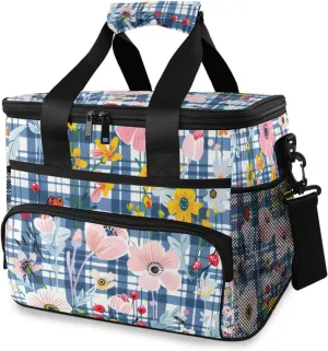 Poppy Blue White Buffalo Plaid Cooler Bag Insulated Cooler Soft Sided Cooler 24 Can Portable Picnic Bag Large Leakproof Lunch Bag Box for Beach Grocery Camping Travel Car Men Women