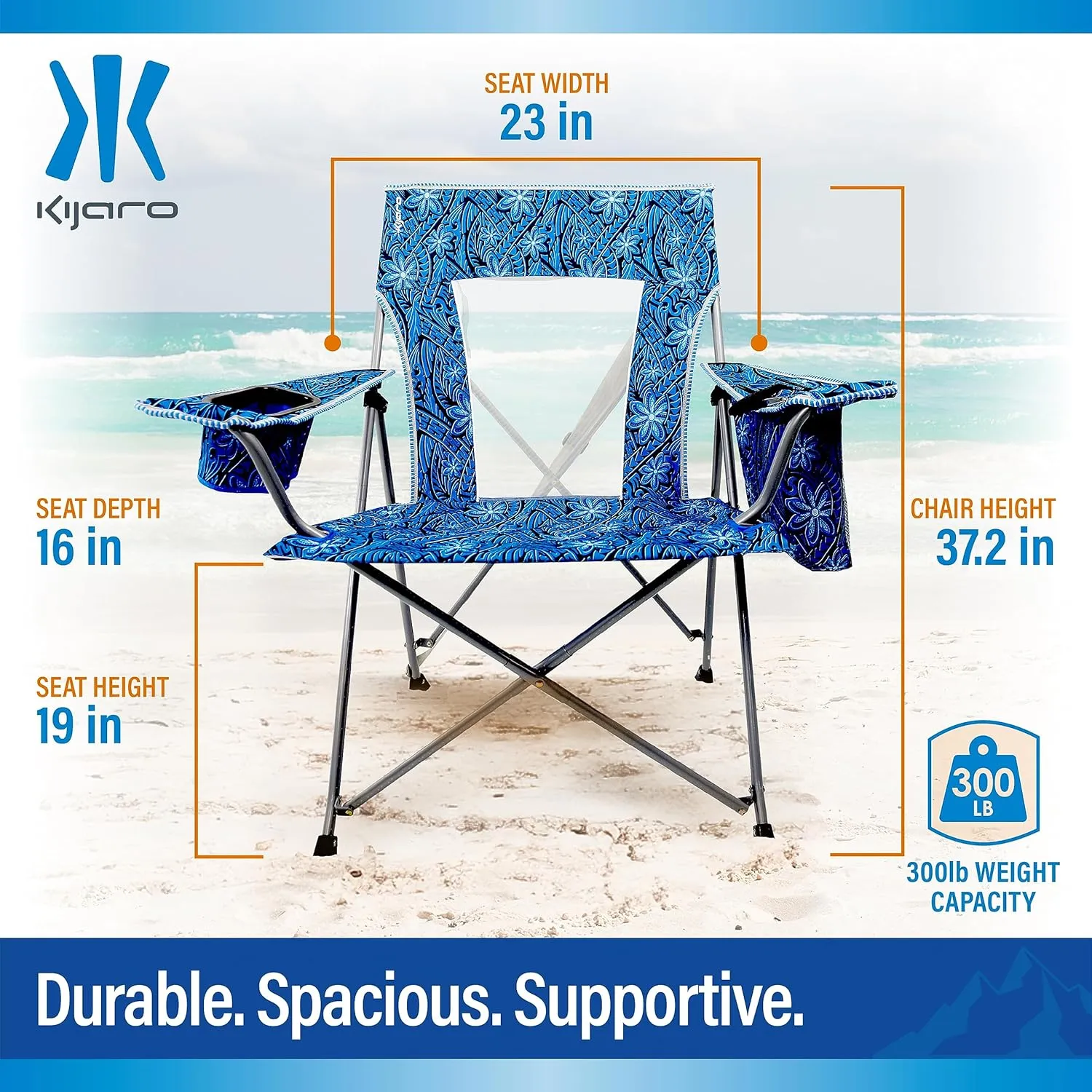 Portable Beach Chair for Adults - Kijaro Journey Print Beach Folding Chair, Steel Frame Foldable Beach Chair, High Beach Chair with Cooler Pocket, Outdoor Folding Chair