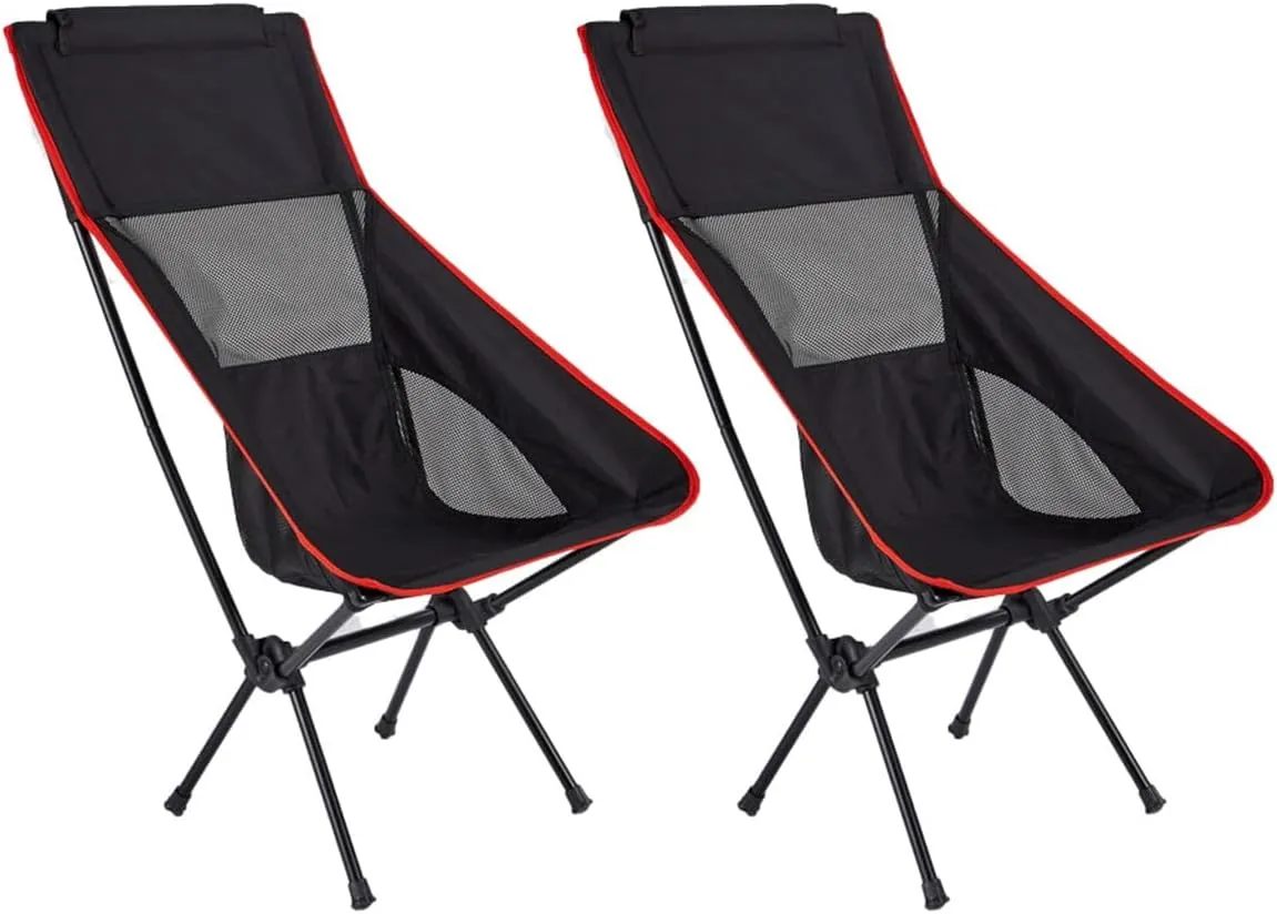 Portable Camping Chair Backpacking Chair - Ultralight Folding Chair - Compact, Lightweight Foldable Chairs for Hiking Mountaineering, Beach, 2 Pack,Black/Red