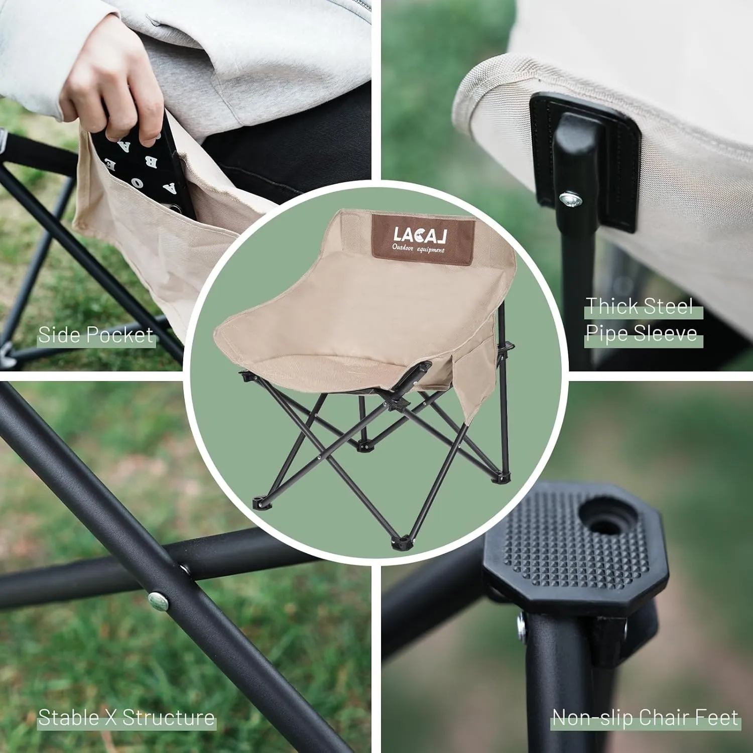 Portable Camping Chair, Outdoor Folding Chair, Oxford Cloth Backpacking Chair with Aluminum Frame,264lbs Support,No Installation Required(Khaki Cotton Padded,2 Pack)