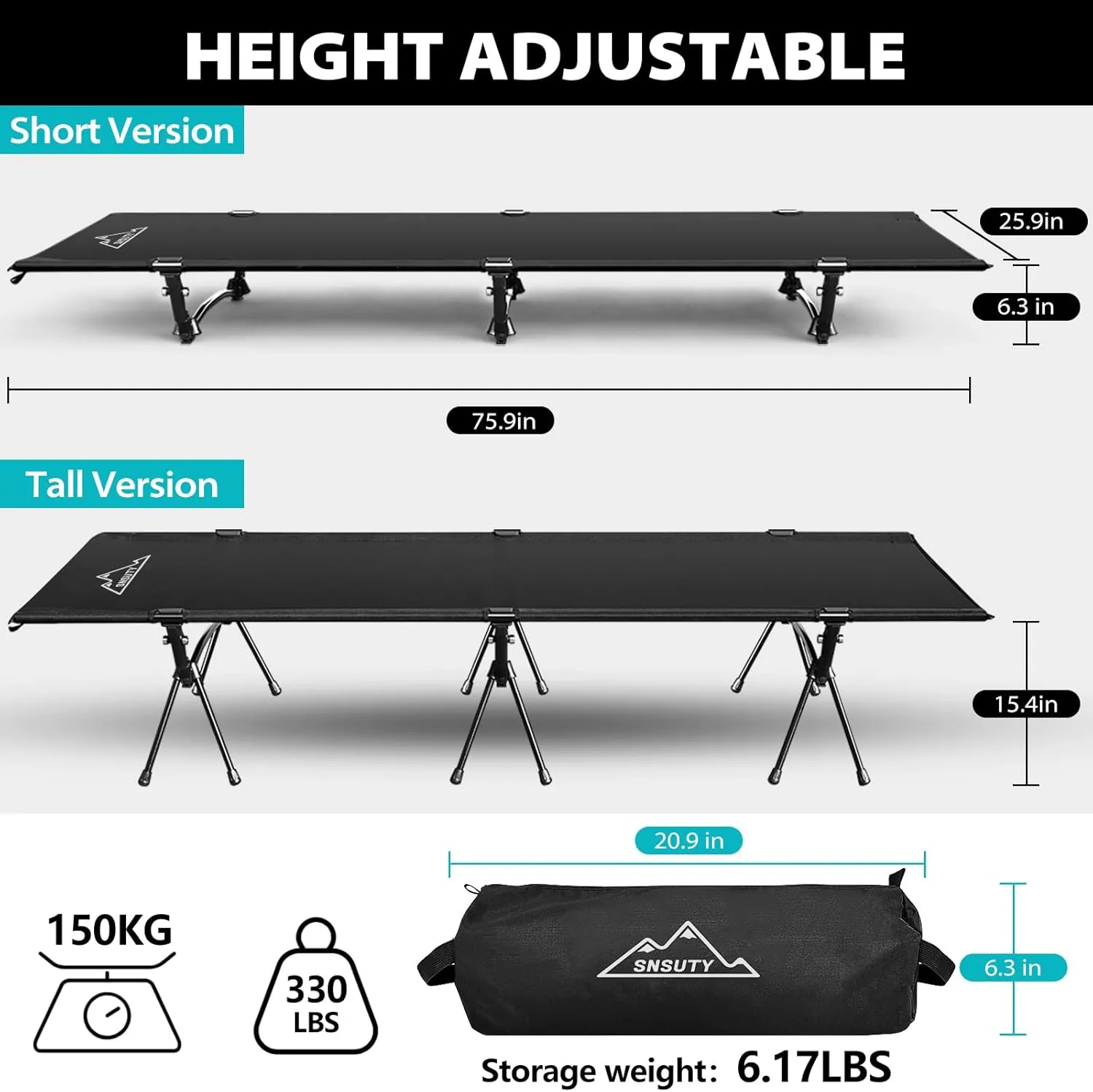 Portable Camping Cot XL, Height Adjustable Camping Bed Backpacking cot, Military Canvas Cot Bed XL for Adults,Ultralight Sleeping Cot for Hiking, Backpack Travel- Supports 330 pounds
