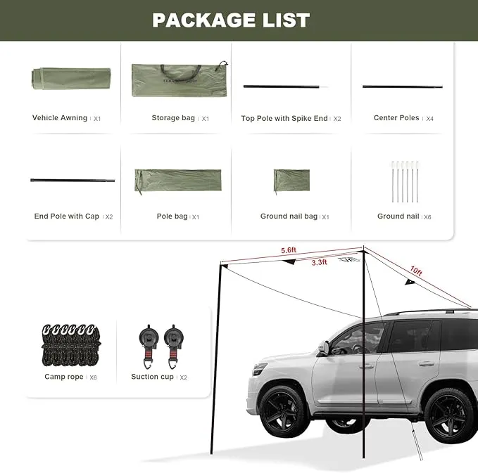Portable Car Awning for SUV, 10 x 5.6 FT Van Truck Awning for Camping, Needn't Roof Rack Hardwares Waterproof UV50 
