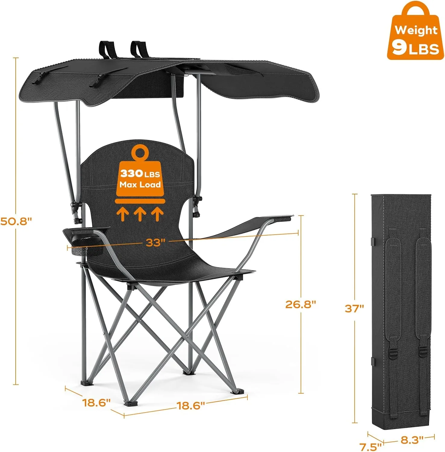 Portable Folding Camping Chair with Canopy Shade, Heavy Duty Lounge Chair Folding Beach Chairs for Adults, Suitable for Outside, Beach and Patio-Support 220 LBS