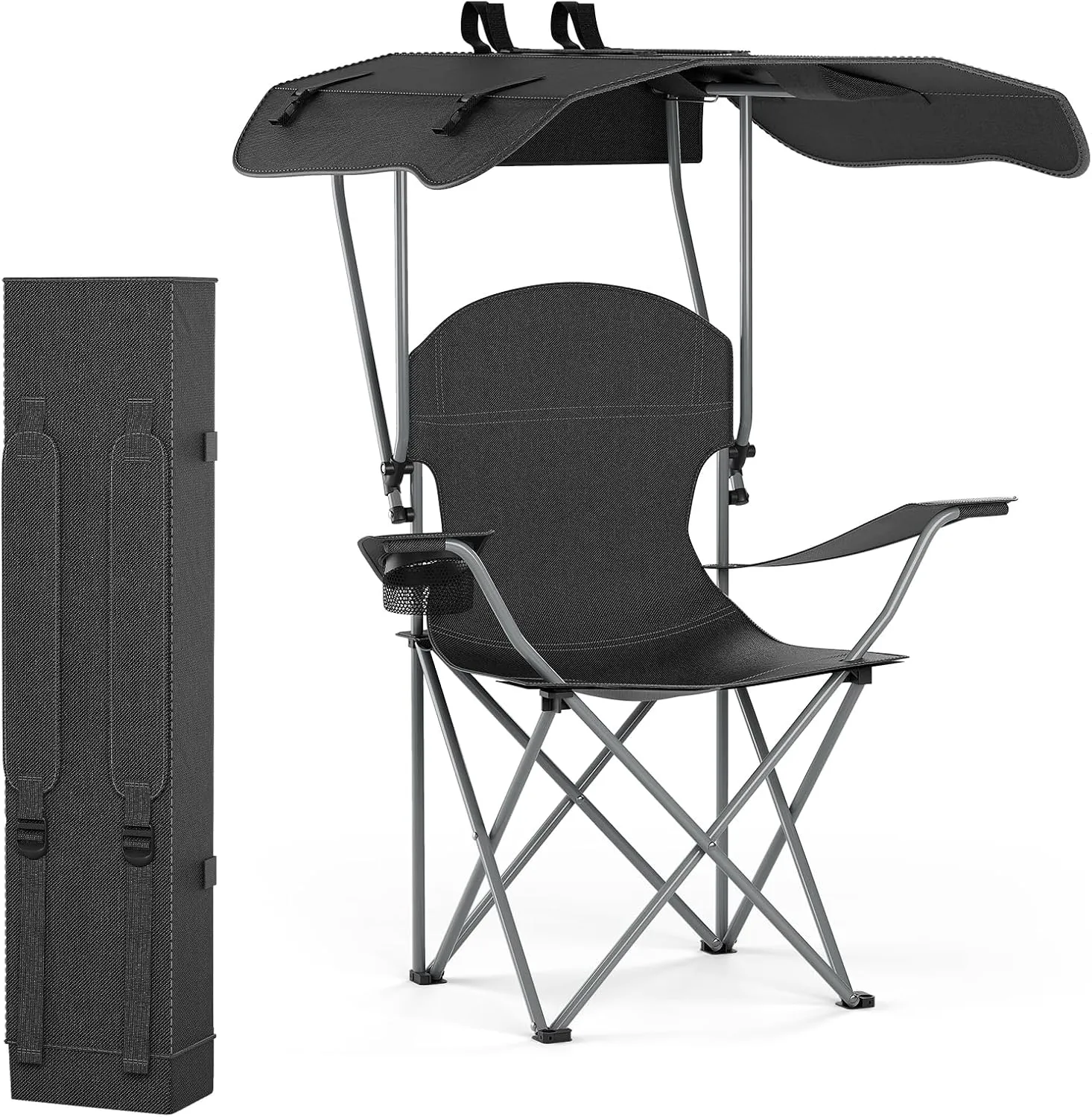 Portable Folding Camping Chair with Canopy Shade, Heavy Duty Lounge Chair Folding Beach Chairs for Adults, Suitable for Outside, Beach and Patio-Support 220 LBS