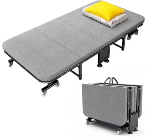 Portable Folding Camping Cot with 8 Universal Wheels, 4-Fold Sleeping Bed, 6-Speed Head Adjustment, Durable Wooden Reclining Chaise