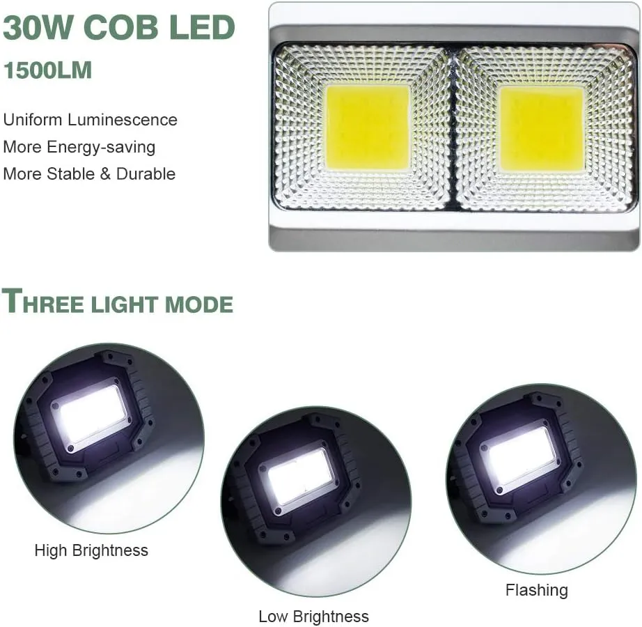 Portable LED Work Light, 30W 1500LM Rechargeable Waterproof COB Floodlight, Super Bright Camping Lights with Stand Built-in Power Bank for Indoor Outdoor Lighting, Gray, 4Pack