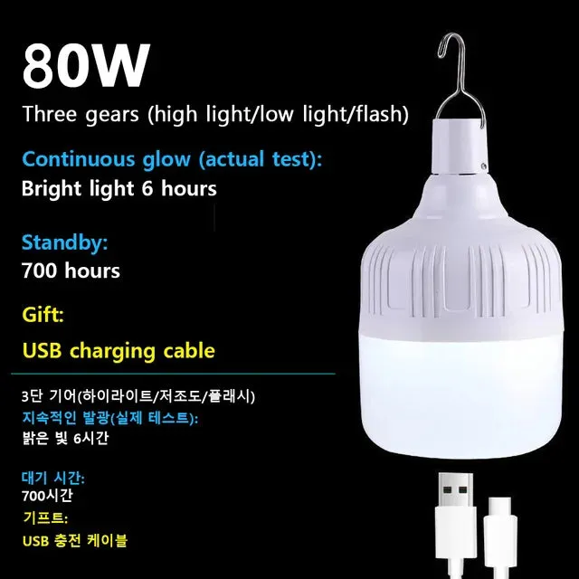 Portable USB Rechargeable LED Lamp with Hook, Emergency Outdoor Light for Camping, Fishing, Patio, and Garden