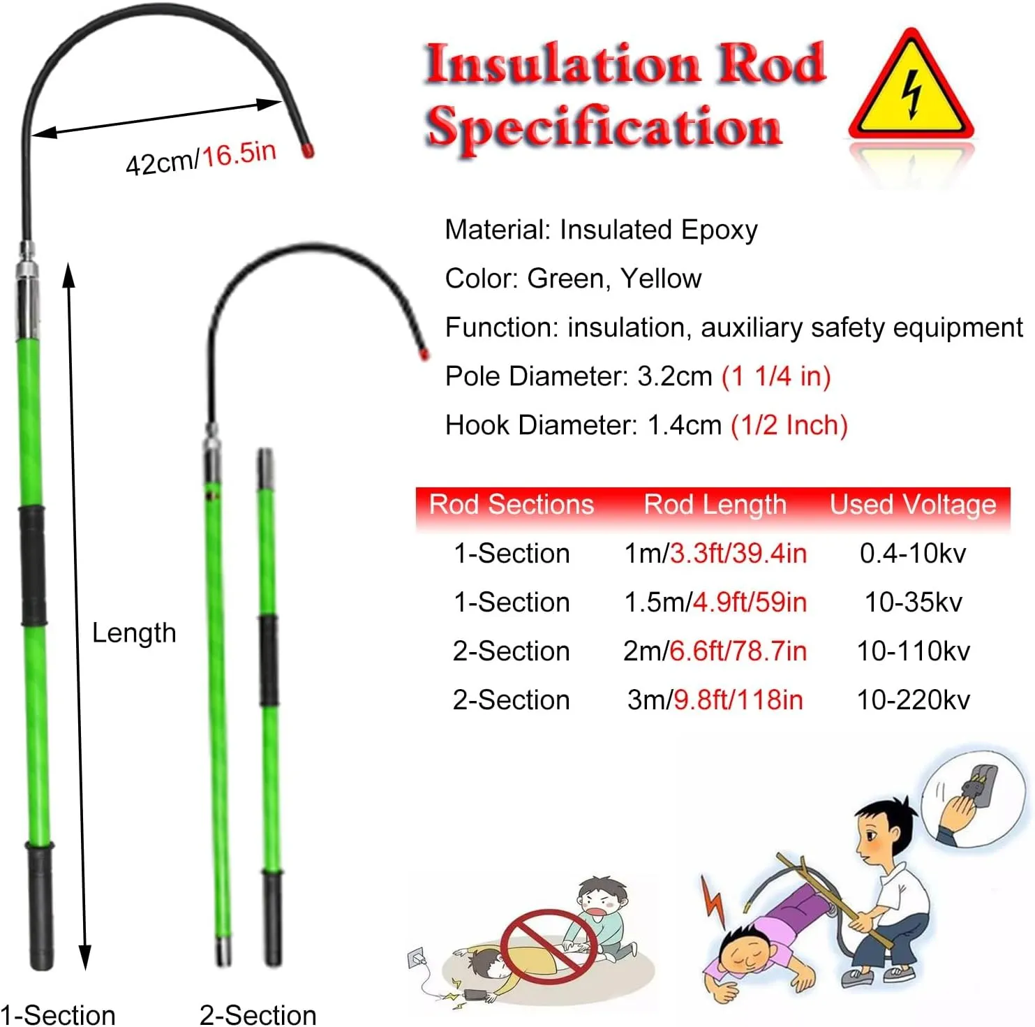 Preserver Pole Safety Hook，Green Safety Rescue Hook 10ft 6.6ft 5ft 3.3ft, High Voltage Anti Electric Shock Life-Saving Insulated Pole for Fire Electrician, with Anti Slip Handle & Carrying B
