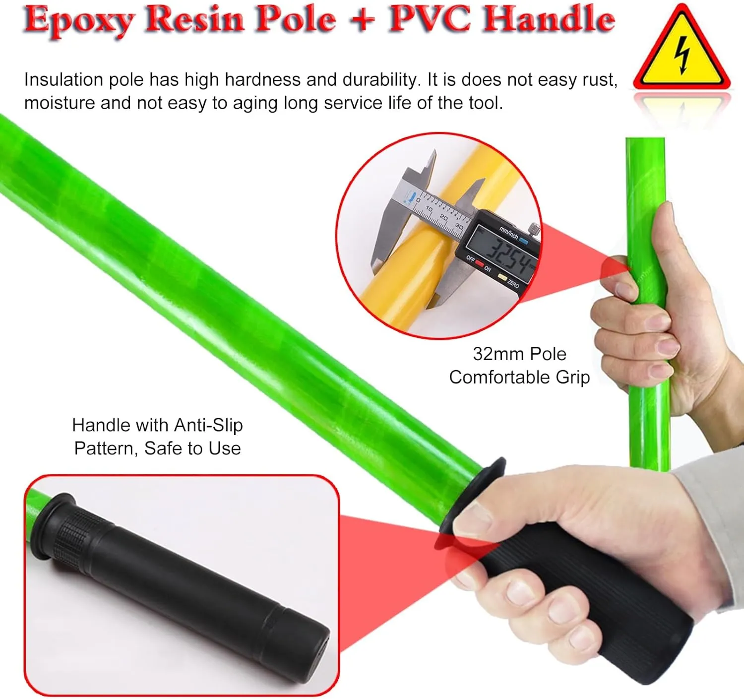 Preserver Pole Safety Hook，Green Safety Rescue Hook 10ft 6.6ft 5ft 3.3ft, High Voltage Anti Electric Shock Life-Saving Insulated Pole for Fire Electrician, with Anti Slip Handle & Carrying B
