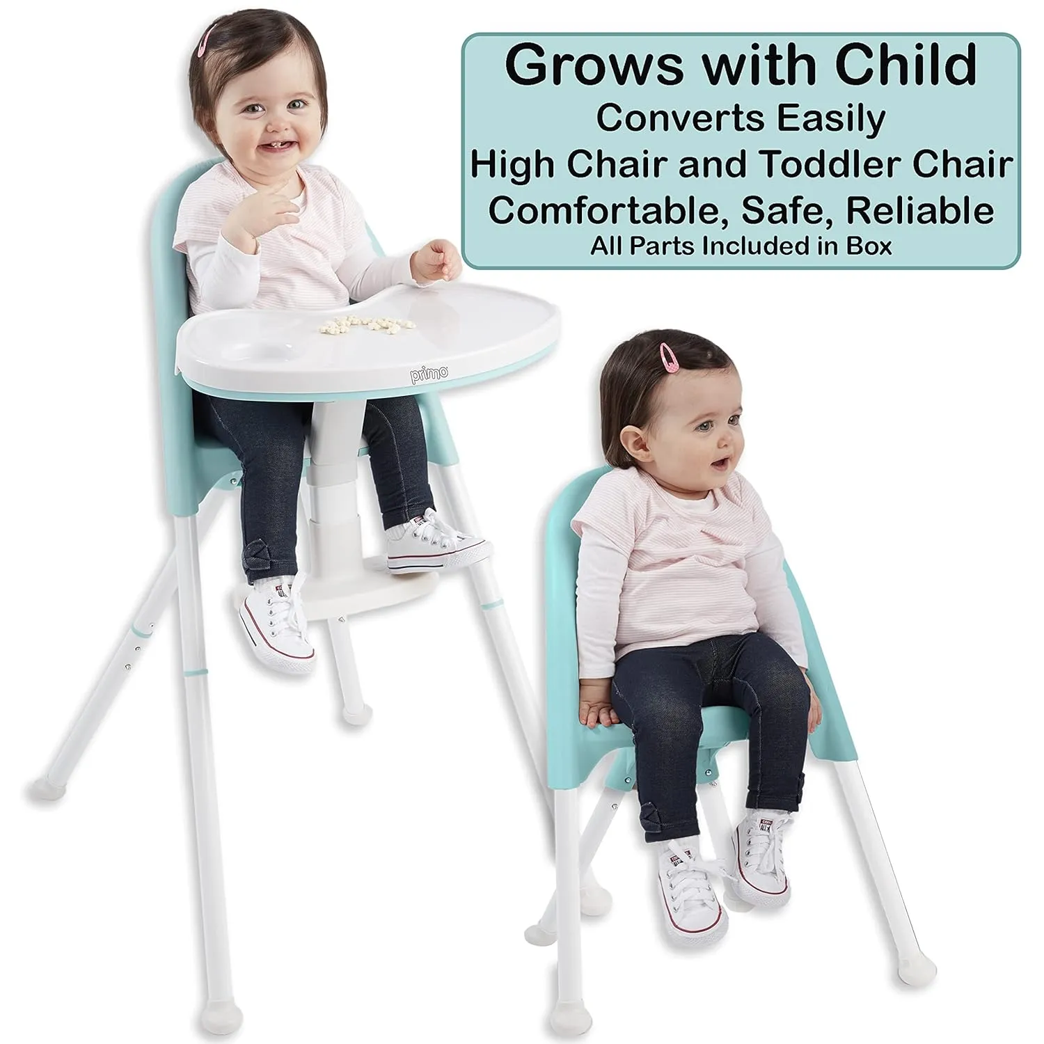 Primo Cozy Tot Deluxe Convertible Folding High Chair - Portable Foldable Baby Chair/Toddlers Highchair - Travel Friendly, Removable EZ Clean Tray, Teal/White, 22"x21"x33.5"