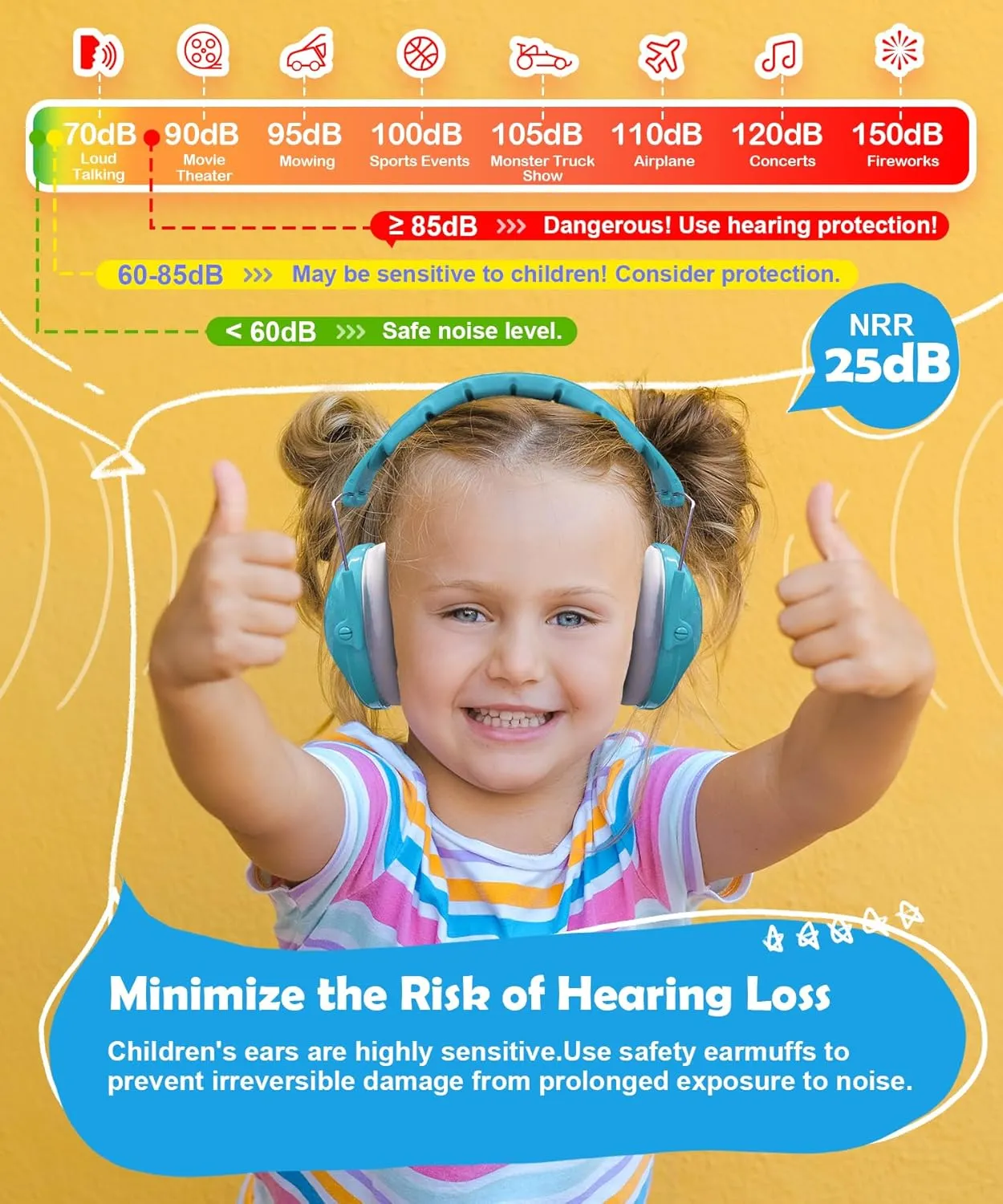 PROHEAR 032 2.0 Kids Noise Cancelling Headphones with Adjustable Headband - 25dB NRR Autism Ear Protection for Child at Mowing Studying Sleeping Racing - Blue and Pink, 2 Pack