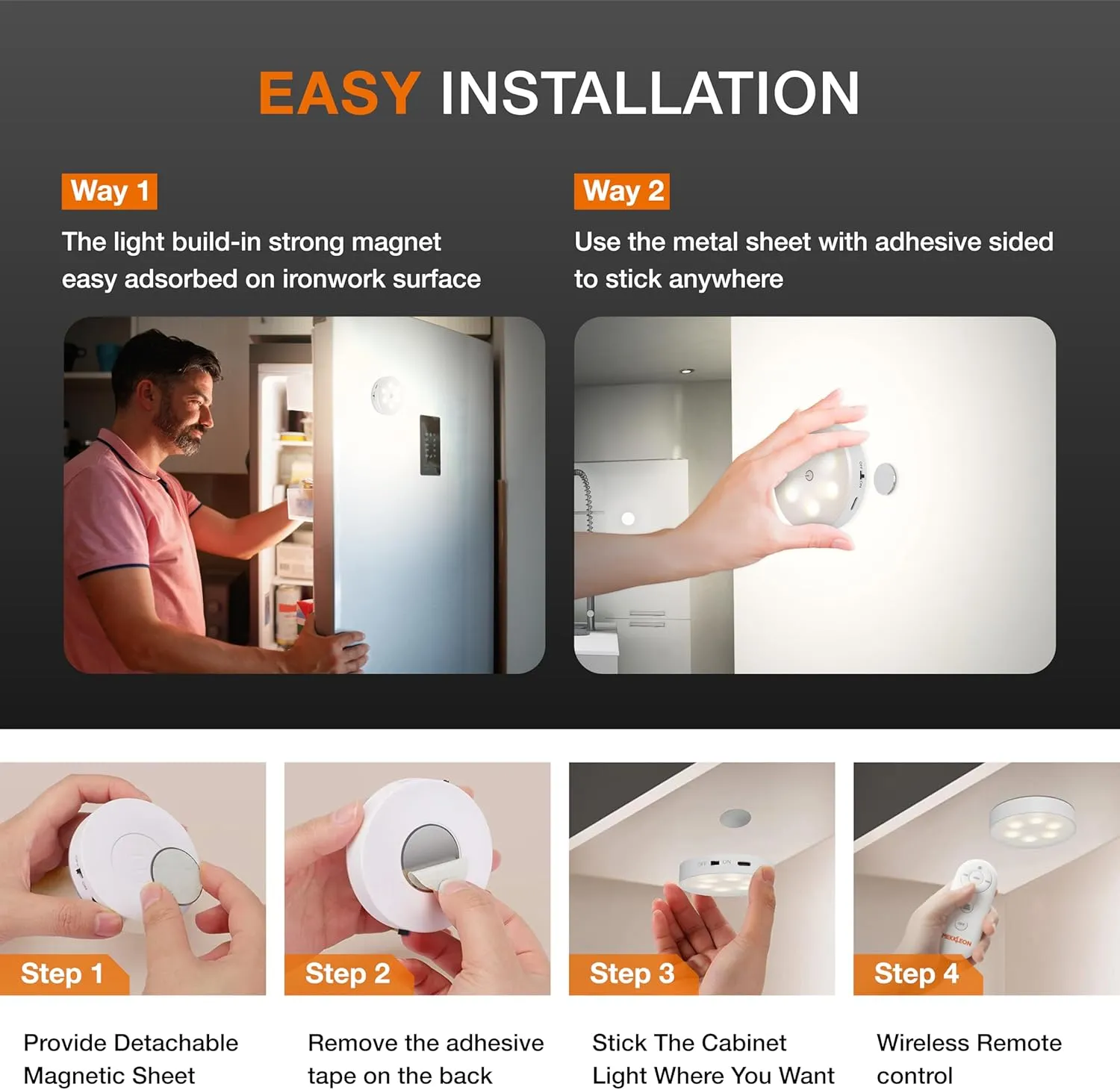 Puck Lights with Remote Control,1000mAh Rechargeable Under Cabinet Lighting,LED Closet Lights,3Pack Tap Light,Cordless Stick On Lights for Under Cabinet,Hallway,Stairway,Closet(CCT-6PCS)