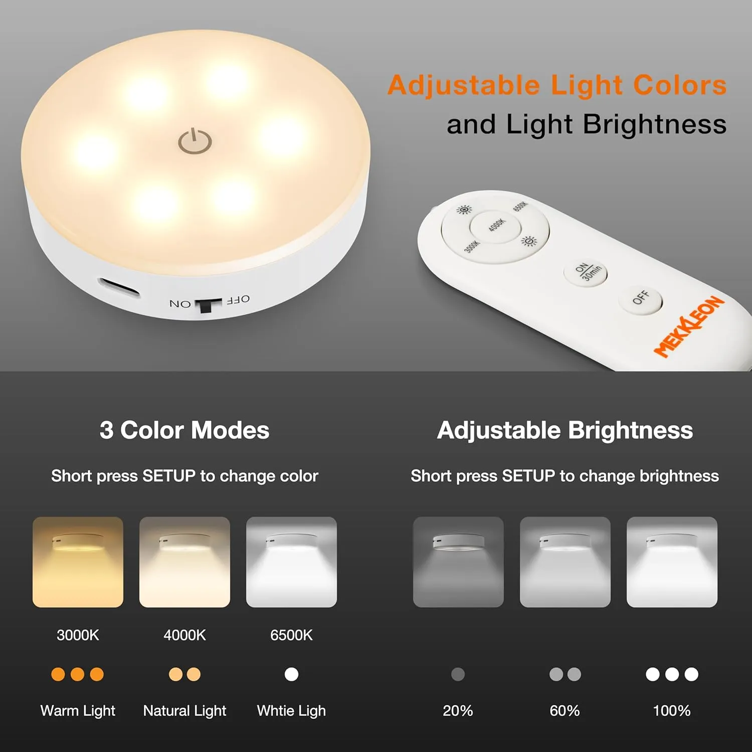Puck Lights with Remote Control,1000mAh Rechargeable Under Cabinet Lighting,LED Closet Lights,3Pack Tap Light,Cordless Stick On Lights for Under Cabinet,Hallway,Stairway,Closet(CCT-6PCS)