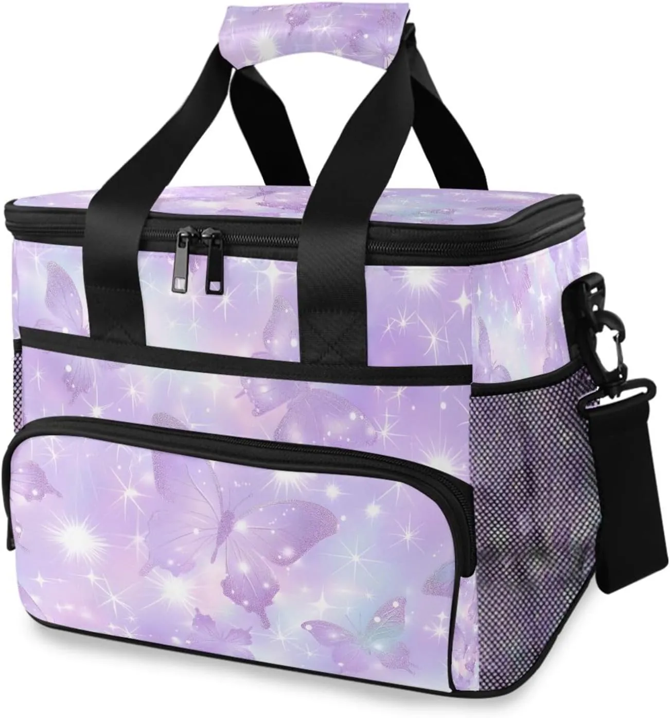 Purple Butterflies Shiny Glitter Cooler Bag Insulated Cooler Soft Sided Cooler 24 Can Portable Picnic Bag Large Leakproof Lunch Bag Box for Beach Grocery Camping Travel Car Men Women