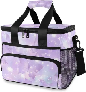 Purple Butterflies Shiny Glitter Cooler Bag Insulated Cooler Soft Sided Cooler 24 Can Portable Picnic Bag Large Leakproof Lunch Bag Box for Beach Grocery Camping Travel Car Men Women