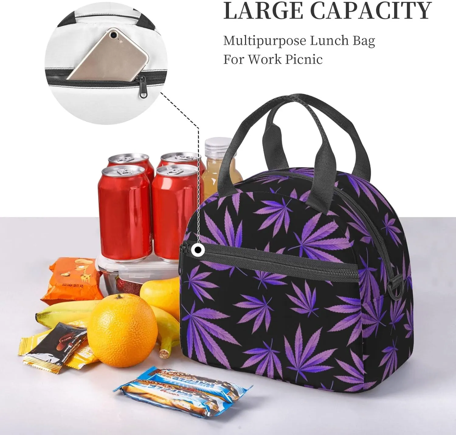 Purple Weed Leaf Pattern Lunch Bag Hand Tote Crossbody Insulated Lunch Bag Large Portable Lunch Box