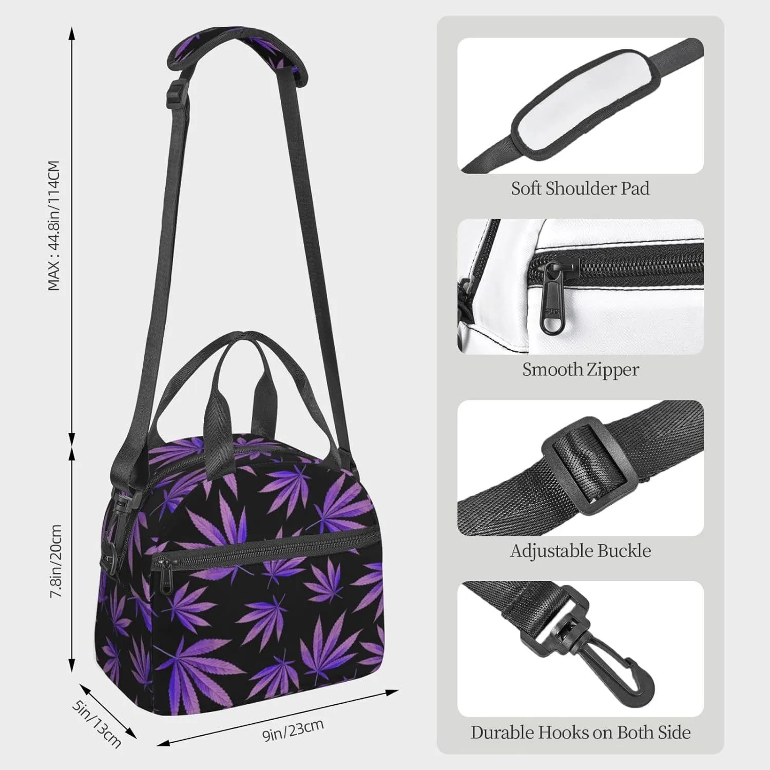 Purple Weed Leaf Pattern Lunch Bag Hand Tote Crossbody Insulated Lunch Bag Large Portable Lunch Box