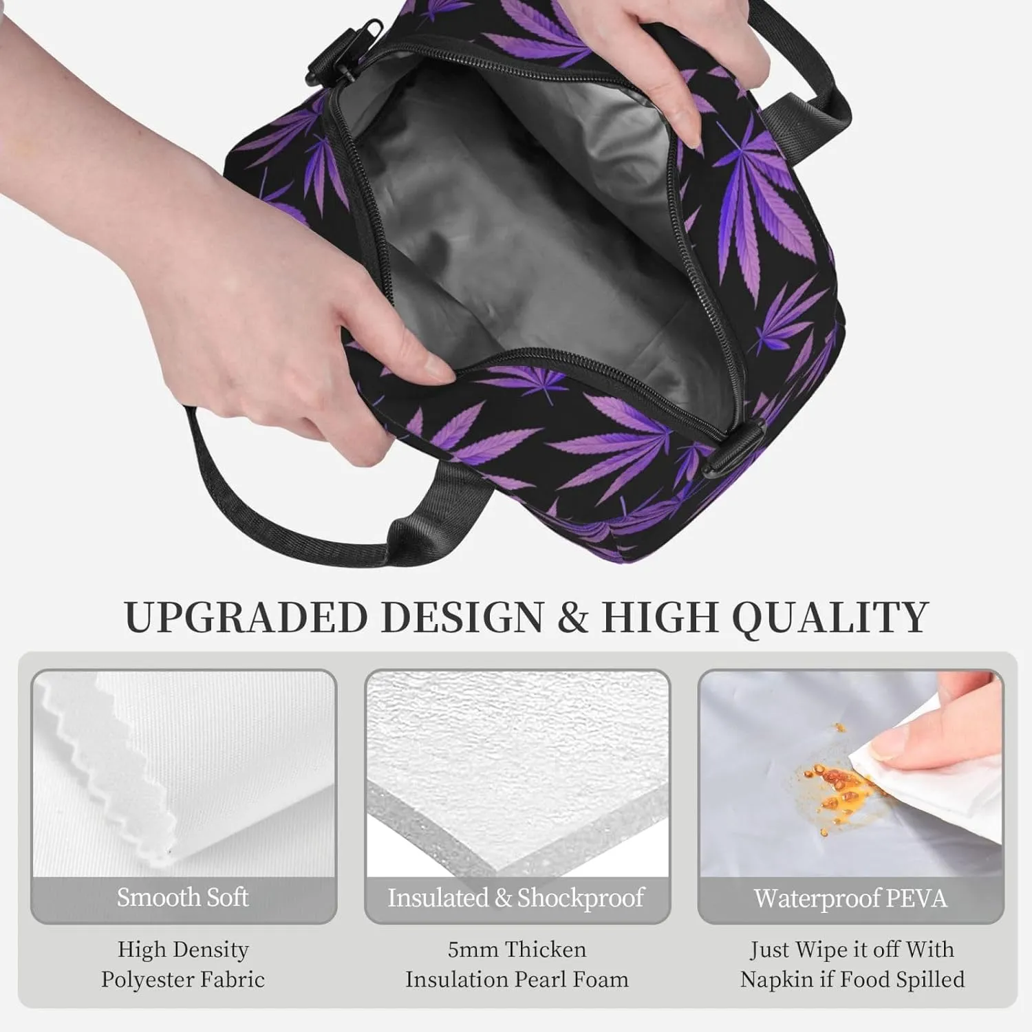 Purple Weed Leaf Pattern Lunch Bag Hand Tote Crossbody Insulated Lunch Bag Large Portable Lunch Box