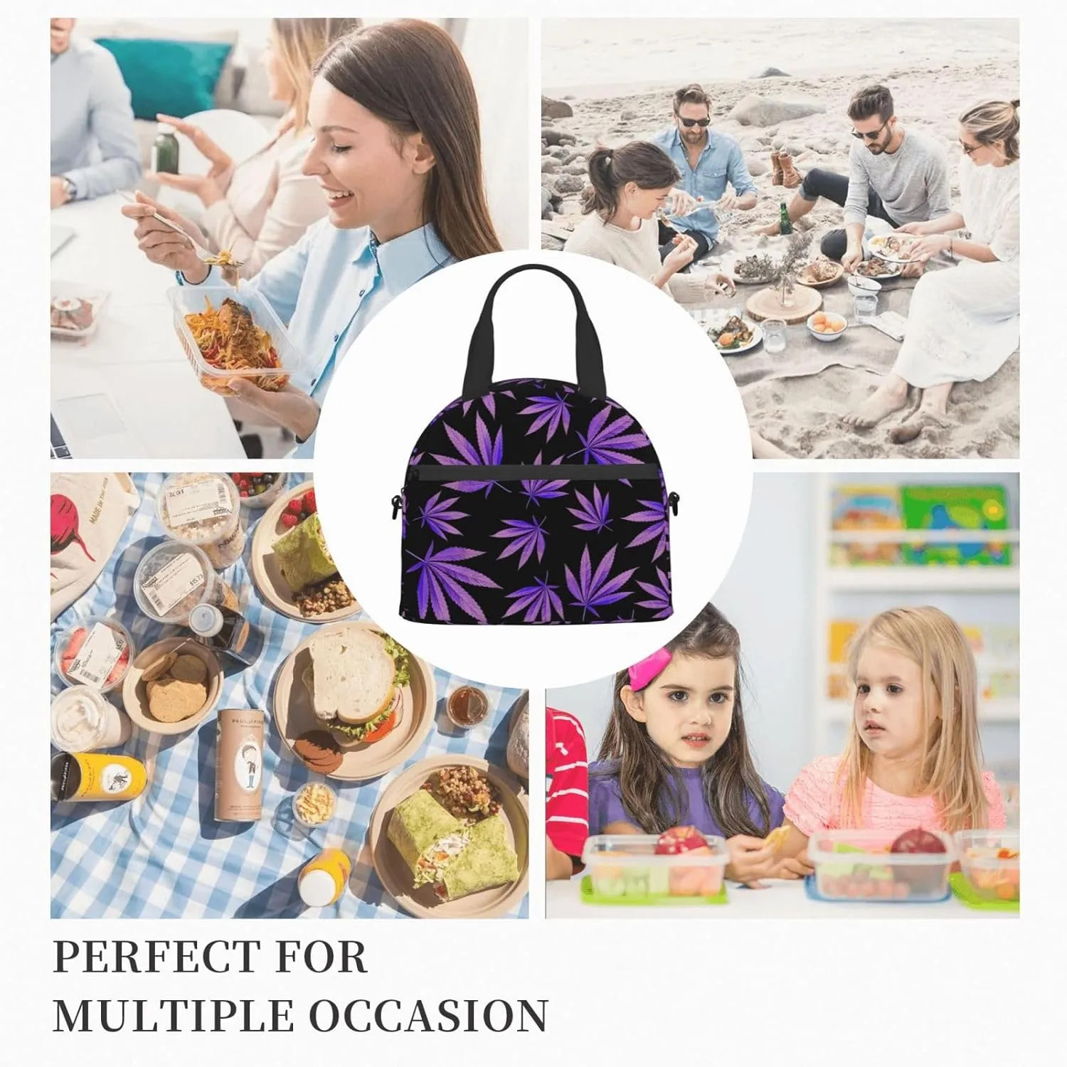 Purple Weed Leaf Pattern Lunch Bag Hand Tote Crossbody Insulated Lunch Bag Large Portable Lunch Box