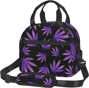 Purple Weed Leaf Pattern Lunch Bag Hand Tote Crossbody Insulated Lunch Bag Large Portable Lunch Box