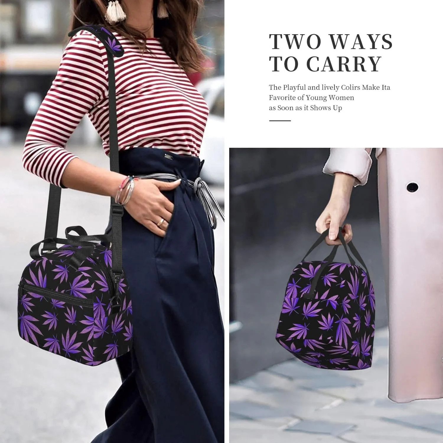 Purple Weed Leaf Pattern Lunch Bag Hand Tote Crossbody Insulated Lunch Bag Large Portable Lunch Box