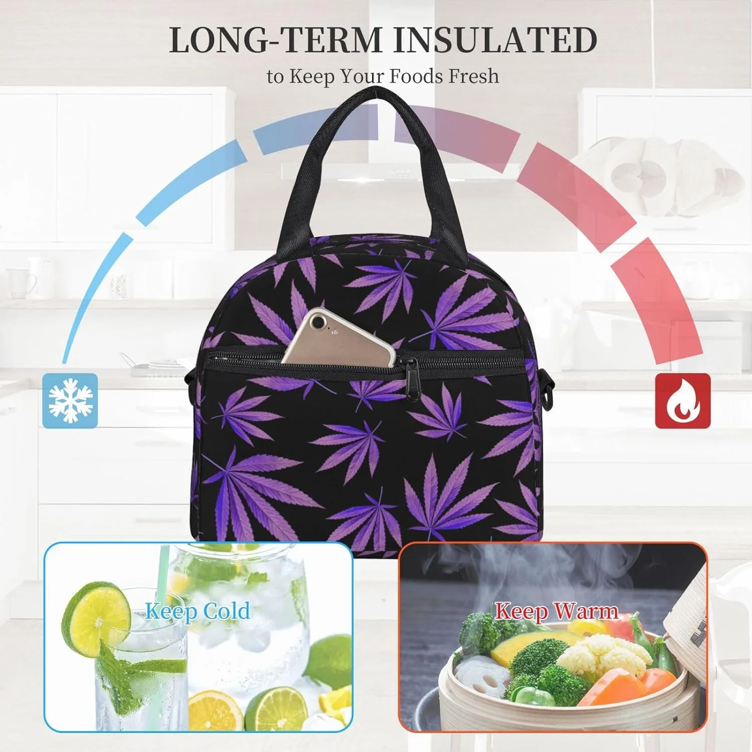 Purple Weed Leaf Pattern Lunch Bag Hand Tote Crossbody Insulated Lunch Bag Large Portable Lunch Box