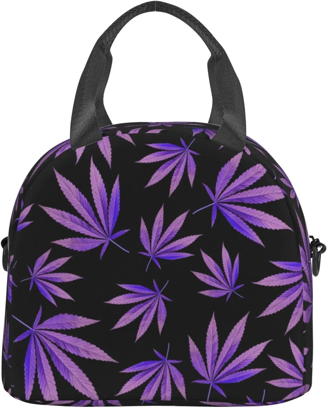 Purple Weed Leaf Pattern Lunch Bag Hand Tote Crossbody Insulated Lunch Bag Large Portable Lunch Box