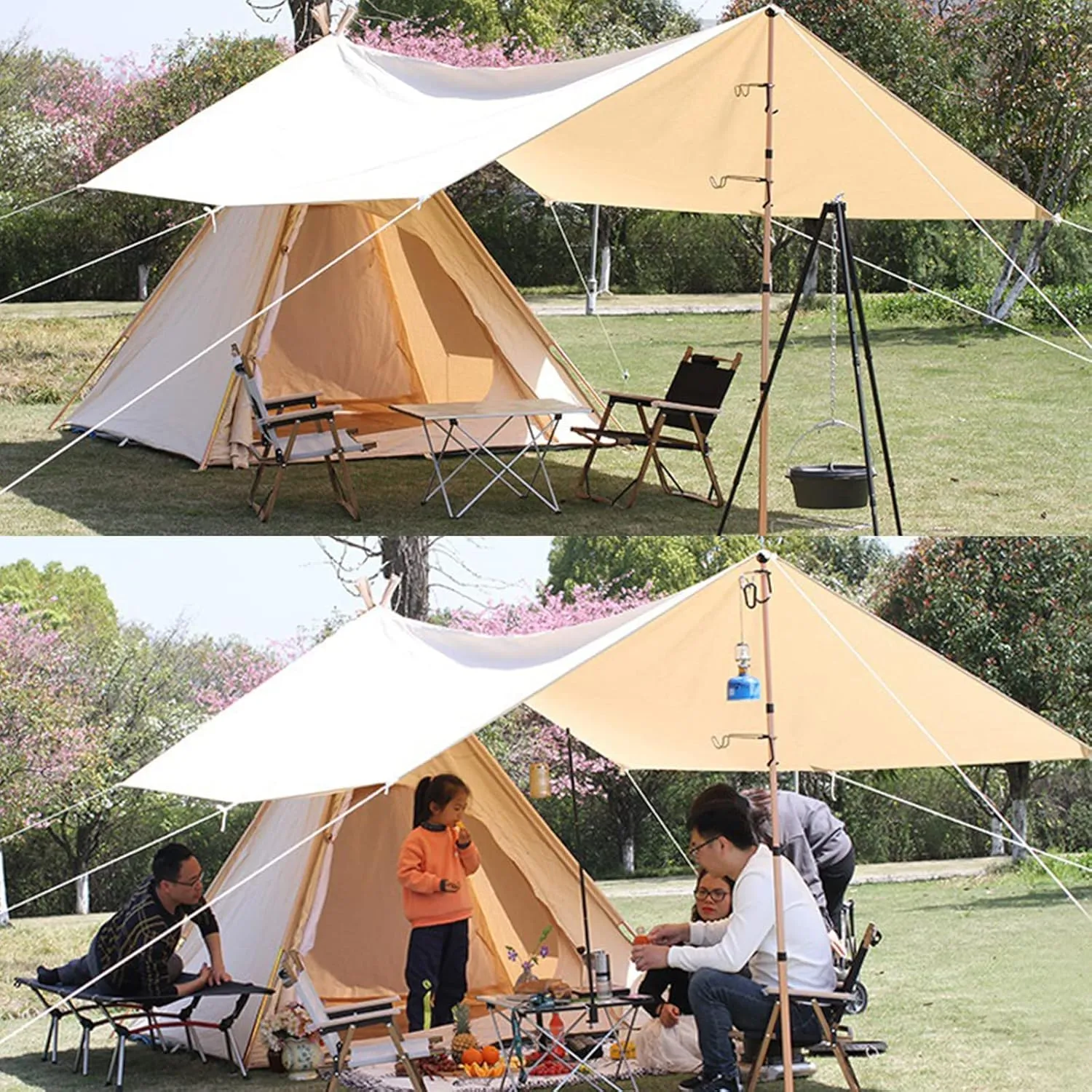 Pyramid Tent Indian Teepee Tents with Sun Shelter 3 4 People Family Tent Waterproof Outdoor Camping Cotton Tent Yurt Tent for Mountaineering Hiking Camping