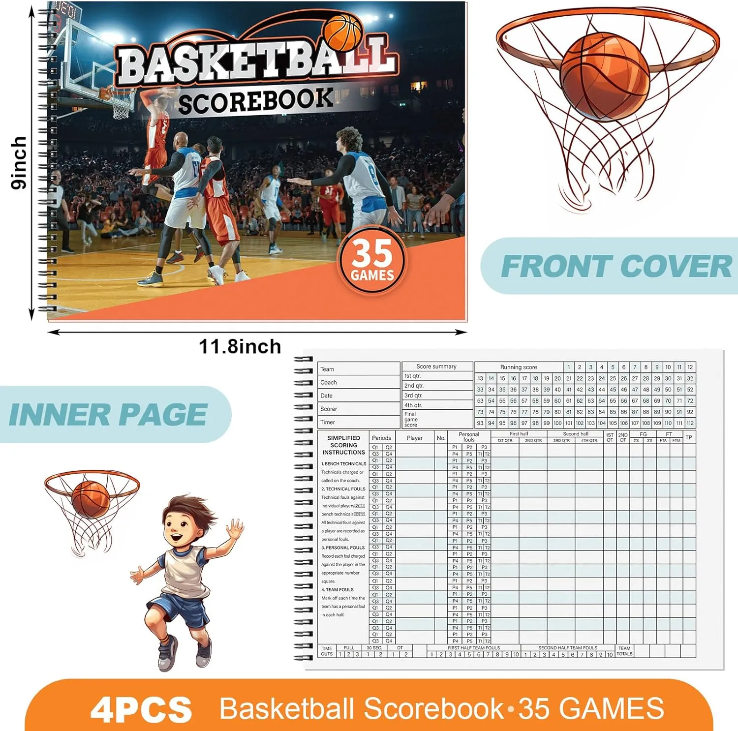 Qilery 4 Pcs Basketball Scorebook 35 Games Basketball Stats Book Bulk Side by Side Scorekeeper Tracking League for Coaches, Scorekeepers, Adult, Youth