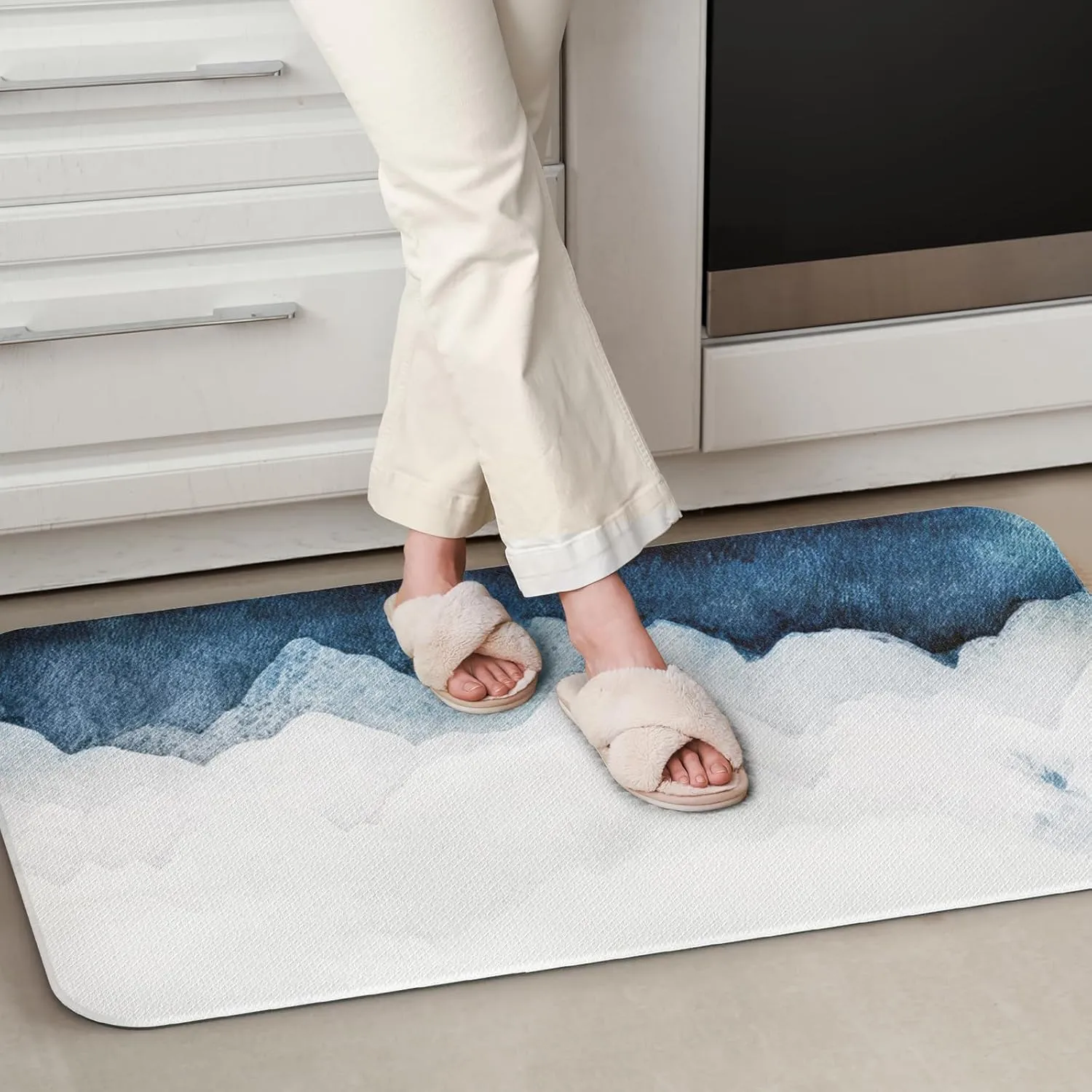 QIYI Floor Comfort Mat 1 Piece Kitchen Rug PVC Leather Waterproof Oil Proof Non Skid Laundry Ergonomic Standing Mat Anti Fatigue Foam Padded Area Doormat 17" W x 29" L - Blue White Watercolor Mountain