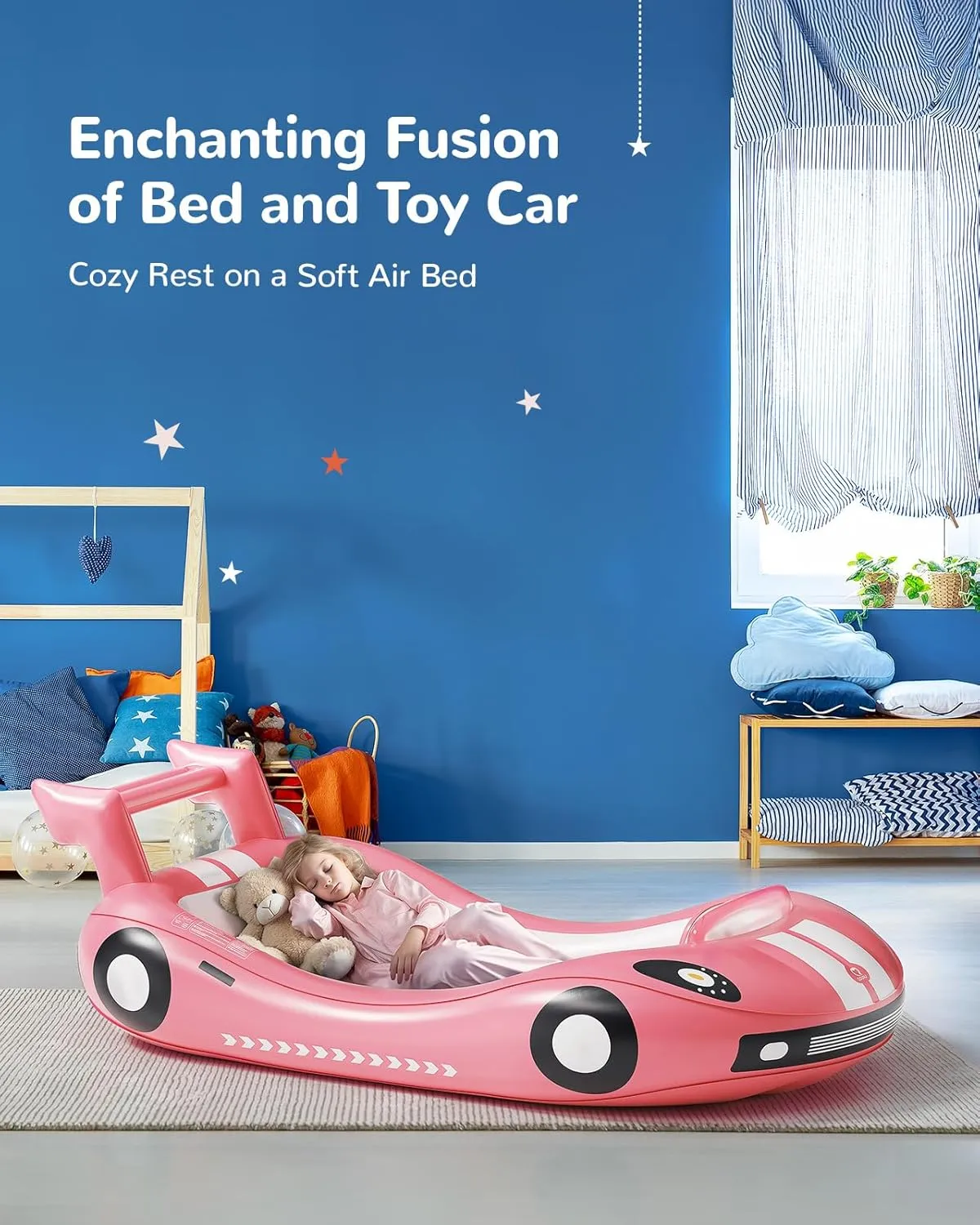 QPAU Inflatable Kids Bed, Toddler Travel Bed with Sides, for Camping, Traveling, Hotel, or Home Use, Hand Pump Included (Pink)