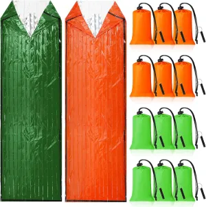 Qunclay 12 Set Emergency Sleeping Bag Survival Bivvy Sack Blanket with Whistles Lightweight Portable Thermal Survival Bag Thick Tent with Hood Extension Nylon Stuff Sack