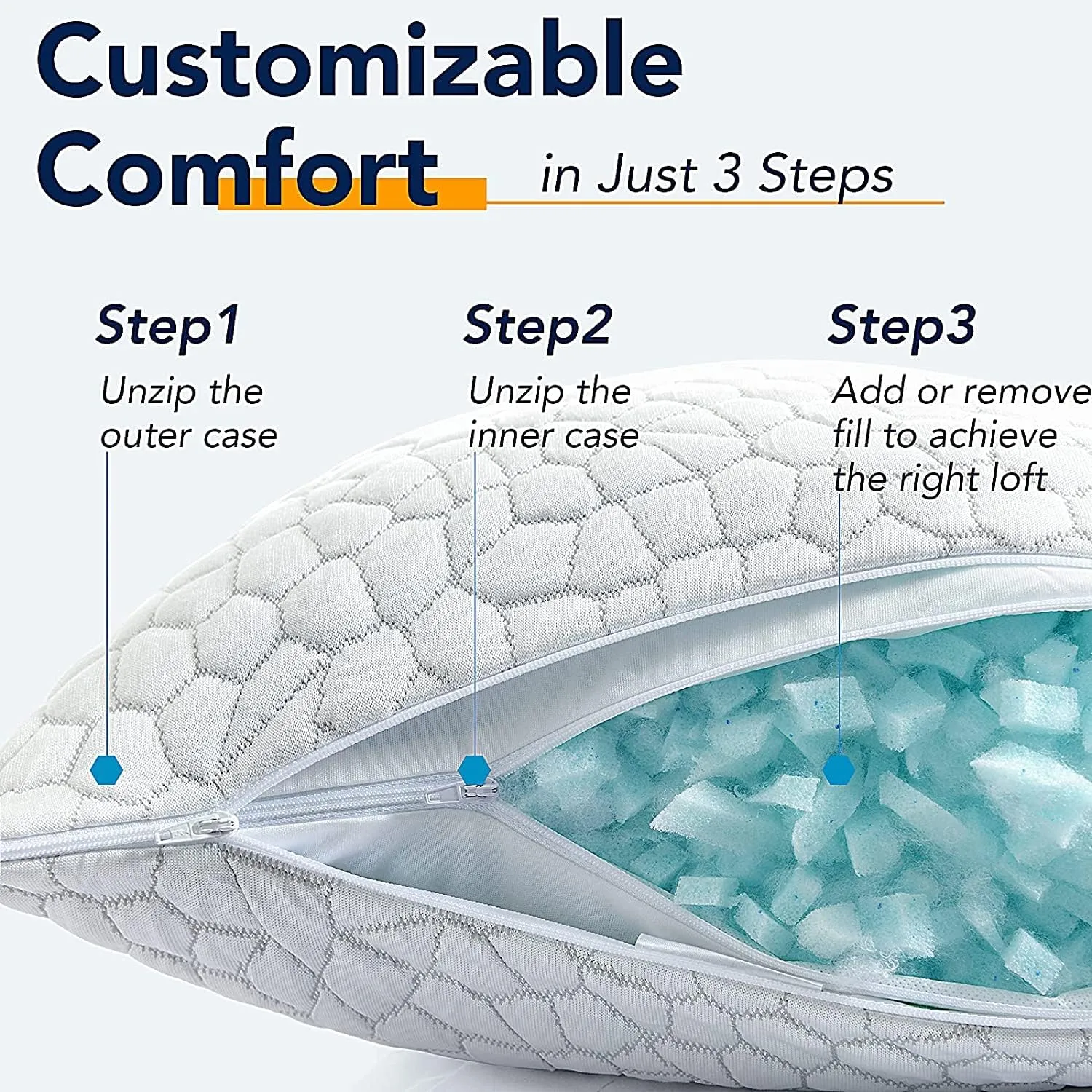 QUTOOL Cooling Bed Pillows for Sleeping Shredded Memory Foam Pillows Adjustable Gel Pillows for Side Stomach Back Sleepers Washable Removable Cover Standard Size Pack of 1, Gifts for Father