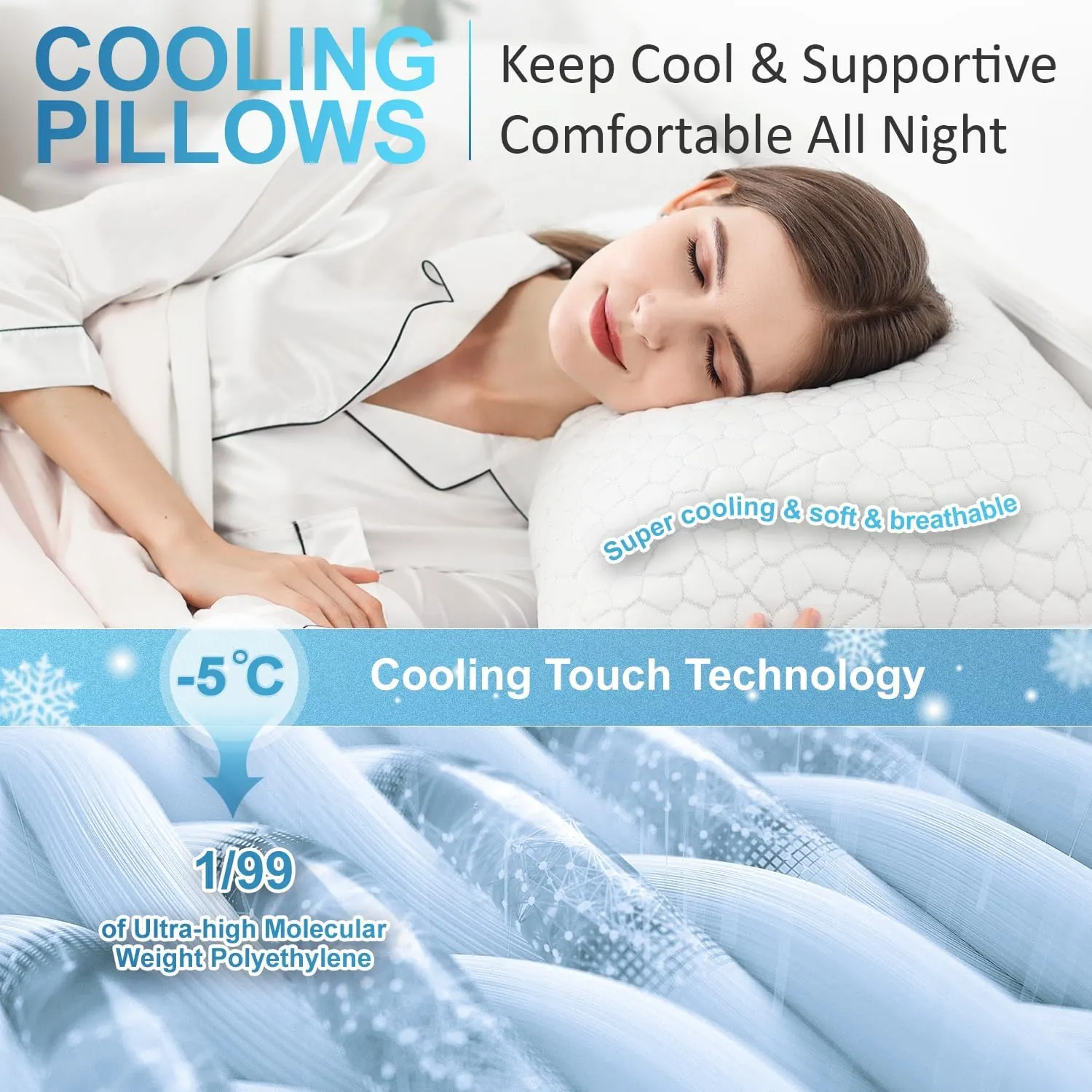 QUTOOL Cooling Bed Pillows for Sleeping Shredded Memory Foam Pillows Adjustable Gel Pillows for Side Stomach Back Sleepers Washable Removable Cover Standard Size Pack of 1, Gifts for Father