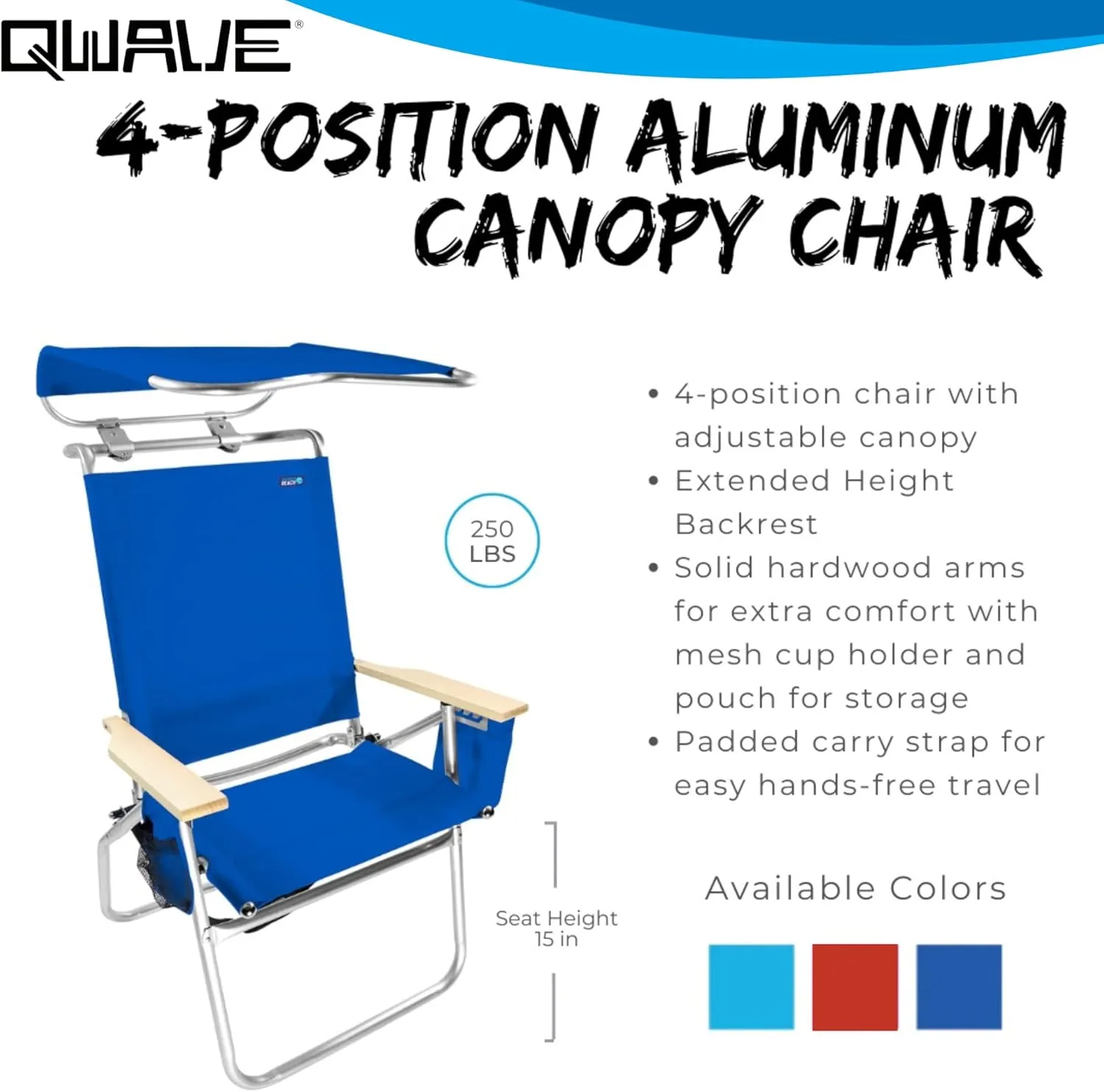 Qwave Beach Chair with Canopy Shade - 250lb Capacity, Lightweight Aluminum, 4 Reclining Positions, Outdoor Camping & Sports Chair, Portable Folding Lawn & Soccer Chair for Adults, Red
