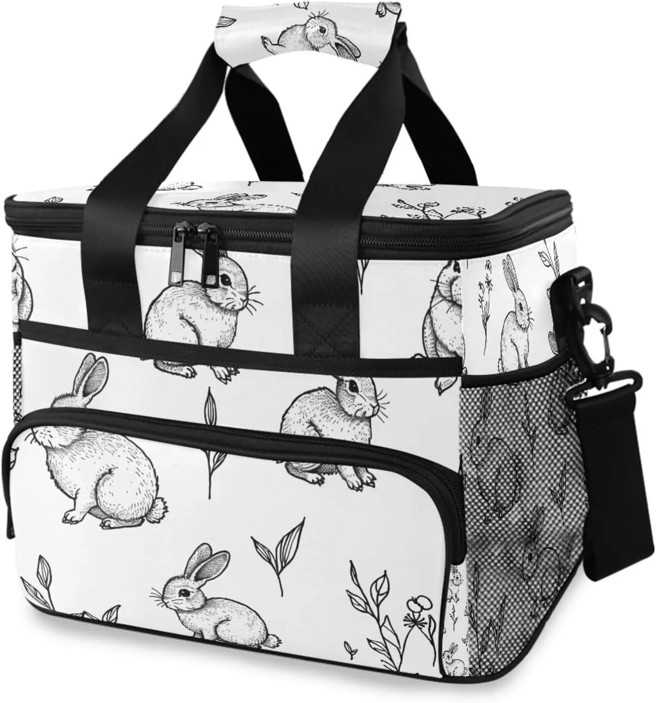 Rabbit Black White Doodle Cooler Bag Insulated Cooler Soft Sided Cooler 24 Can Portable Picnic Bag Large Leakproof Lunch Bag Box for Beach Grocery Camping Travel Car Men Women