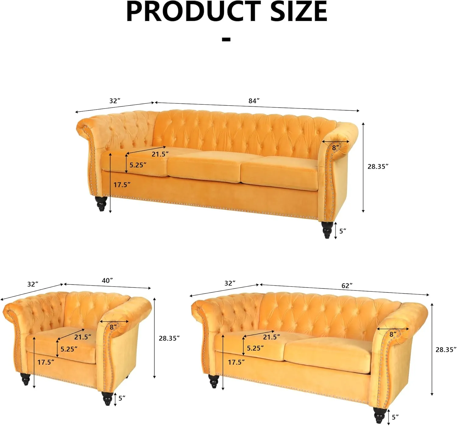 RARZOE 3 Pieces of Living Room Furniture Sofa Sets, Modern Velvet Chesterfield Sofa&Chesterfield Club Chair&Chesterfield Loveseat Sofas Set with Nailhead Trim Scroll Arms for Living Room(Mango)