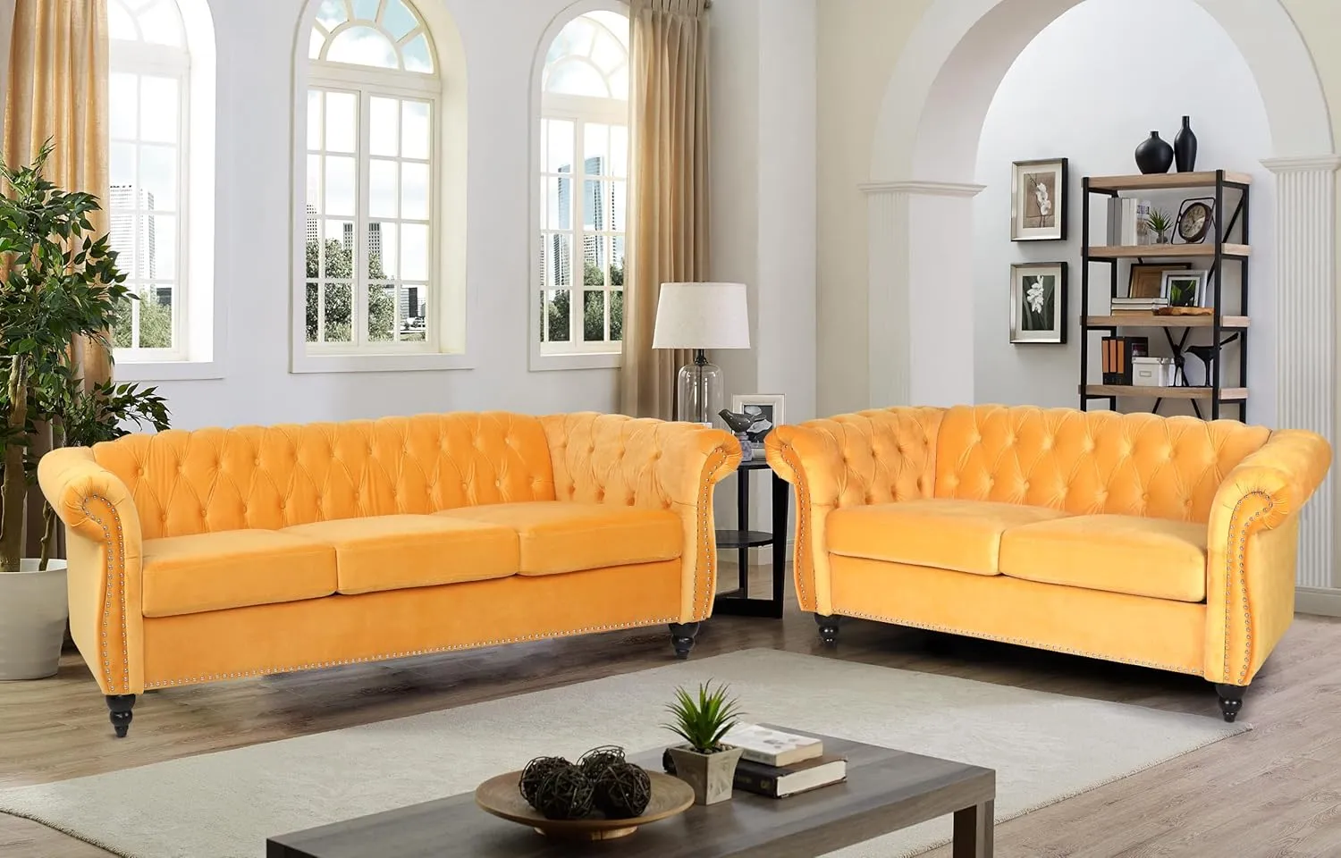 RARZOE 3 Pieces of Living Room Furniture Sofa Sets, Modern Velvet Chesterfield Sofa&Chesterfield Club Chair&Chesterfield Loveseat Sofas Set with Nailhead Trim Scroll Arms for Living Room(Mango)