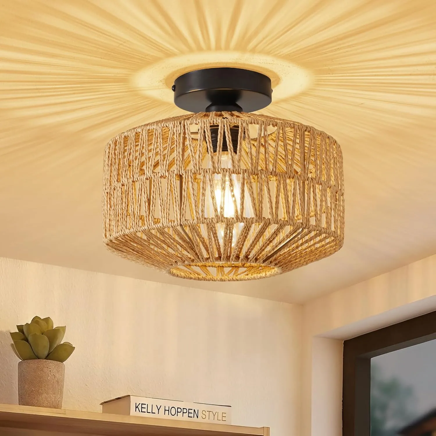 Rattan Chandelier Light Fixture Ceiling Mount, Boho Light Fixtures, Hand Woven Rustic, Ceiling Light Fixtures Flush Mount, Hallway Bedroom Farmhouse Kitchen Entryway Hall