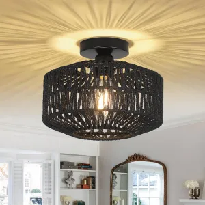 Rattan Light Fixtures Ceiling Mount,Boho Ceiling Light Fixture with Dimmable LED Bulb，Mini Hand Woven Rattan Chandelier Light Fixtures Ceiling for Bedroom Kitchen Entryway Living Room Hallway（Black）