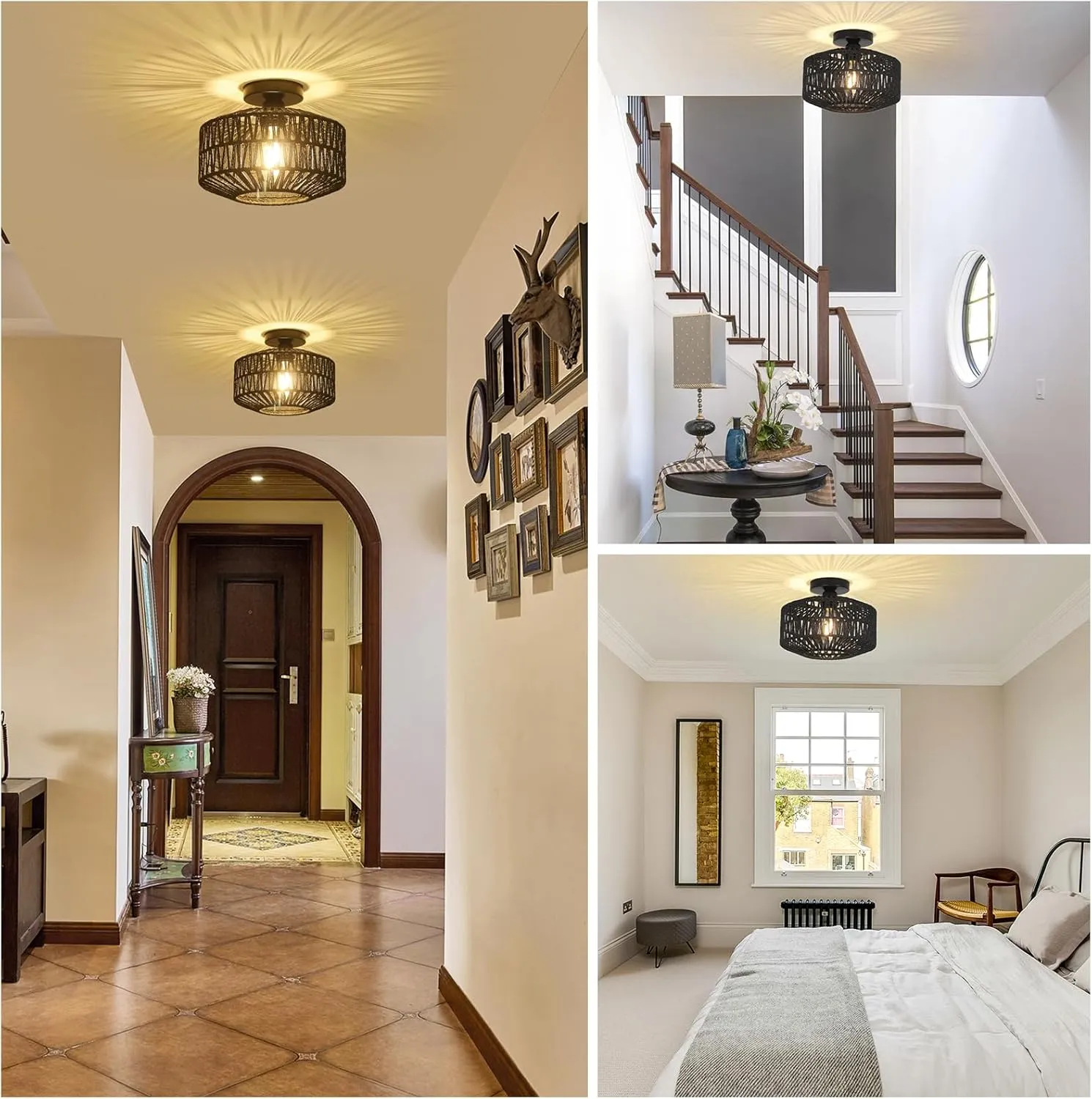 Rattan Light Fixtures Ceiling Mount,Boho Ceiling Light Fixture with Dimmable LED Bulb，Mini Hand Woven Rattan Chandelier Light Fixtures Ceiling for Bedroom Kitchen Entryway Living Room Hallway（Black）