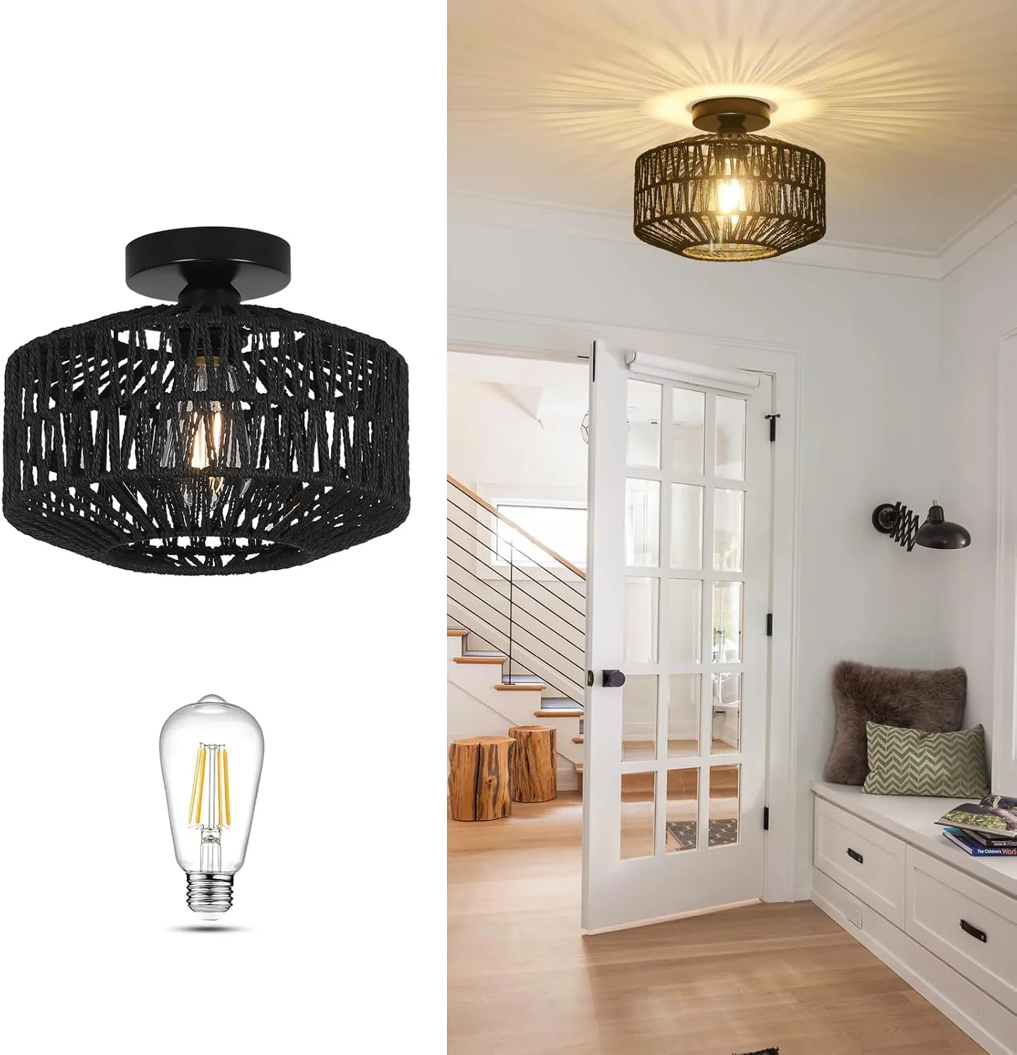 Rattan Light Fixtures Ceiling Mount,Boho Ceiling Light Fixture with Dimmable LED Bulb，Mini Hand Woven Rattan Chandelier Light Fixtures Ceiling for Bedroom Kitchen Entryway Living Room Hallway（Black）