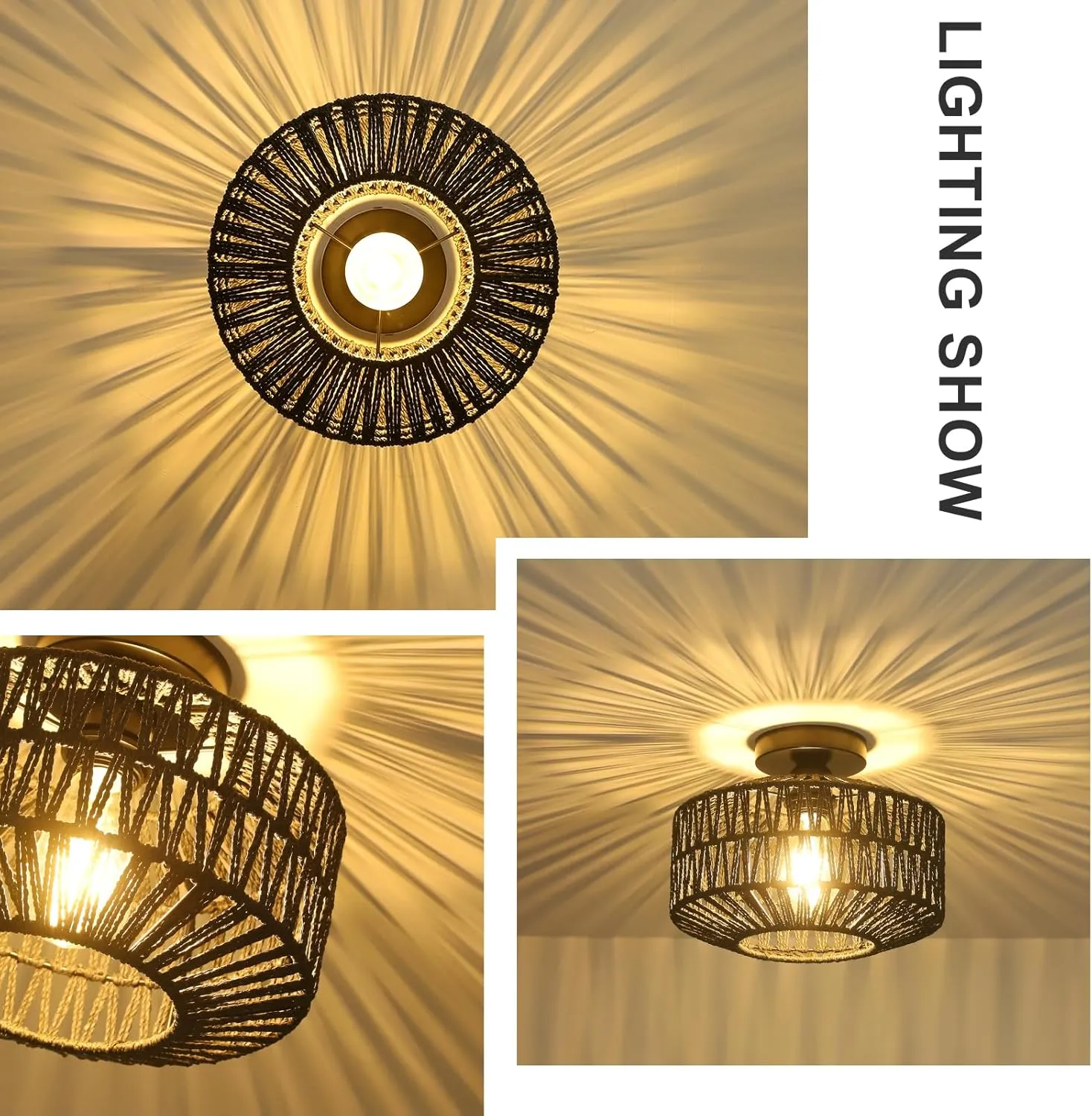 Rattan Light Fixtures Ceiling Mount,Boho Ceiling Light Fixture with Dimmable LED Bulb，Mini Hand Woven Rattan Chandelier Light Fixtures Ceiling for Bedroom Kitchen Entryway Living Room Hallway（Black）
