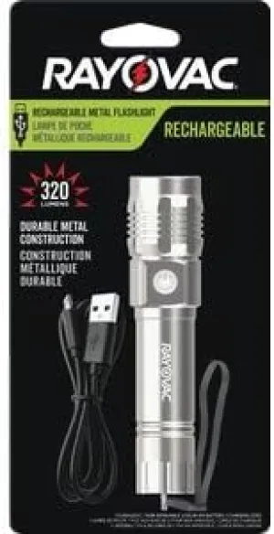 Rayovac Value Metal Rechargeable Light, 320 Lumens, IPX4 Water Resistant, Durable Metal LED Light, Great Outdoor and Emergency LED Flashlight, Battery Included