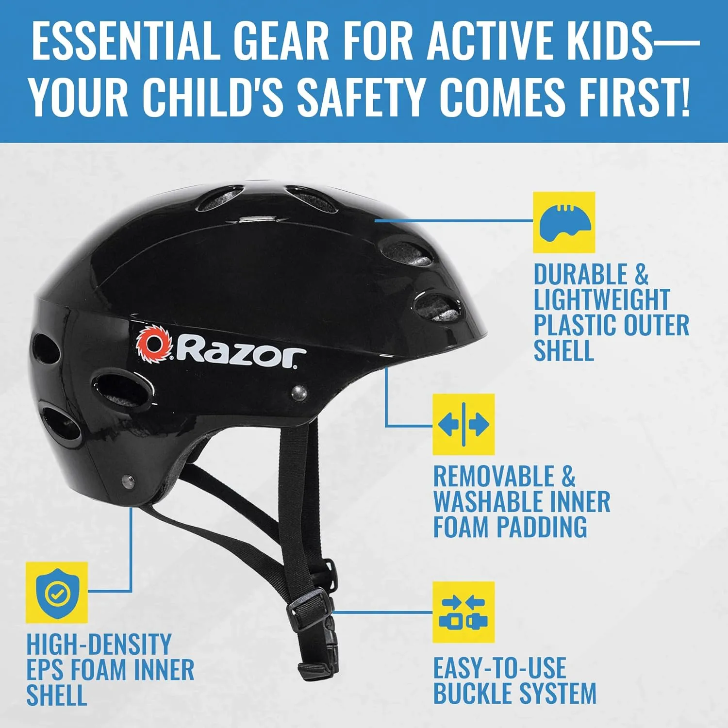 Razor V-17 Youth Multi-Sport Helmet - CPSC Approved Kid’s Helmet with Adjustable Strap - Durable Helmet with Foam Padding for Biking, Skating, and Other Outdoor Sports