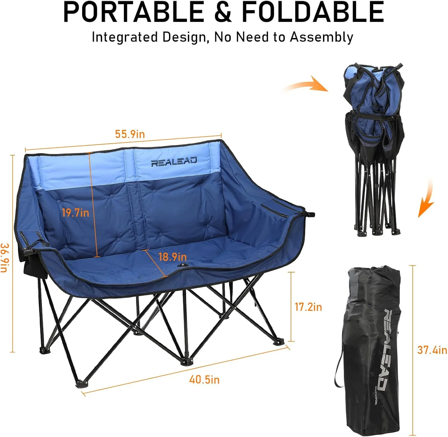 REALEAD Double Camping Chair - Folding Loveseat Camping Chairs for Adults - Two Person Camping Chairs Support 650 lbs - Oversized Camping Loveseat Chair with Cooler Bags for Outdoor Sports - Blue