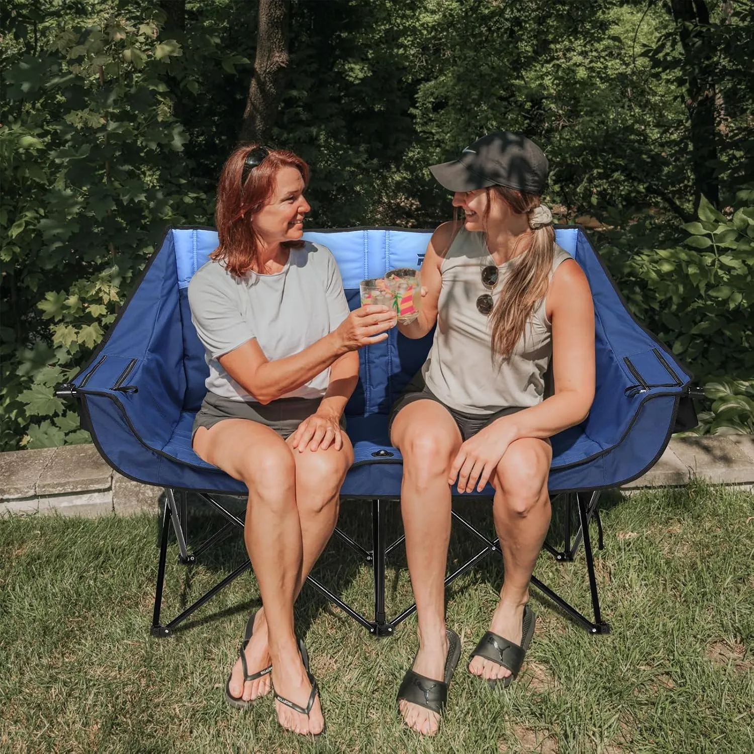 REALEAD Double Camping Chair - Folding Loveseat Camping Chairs for Adults - Two Person Camping Chairs Support 650 lbs - Oversized Camping Loveseat Chair with Cooler Bags for Outdoor Sports - Blue