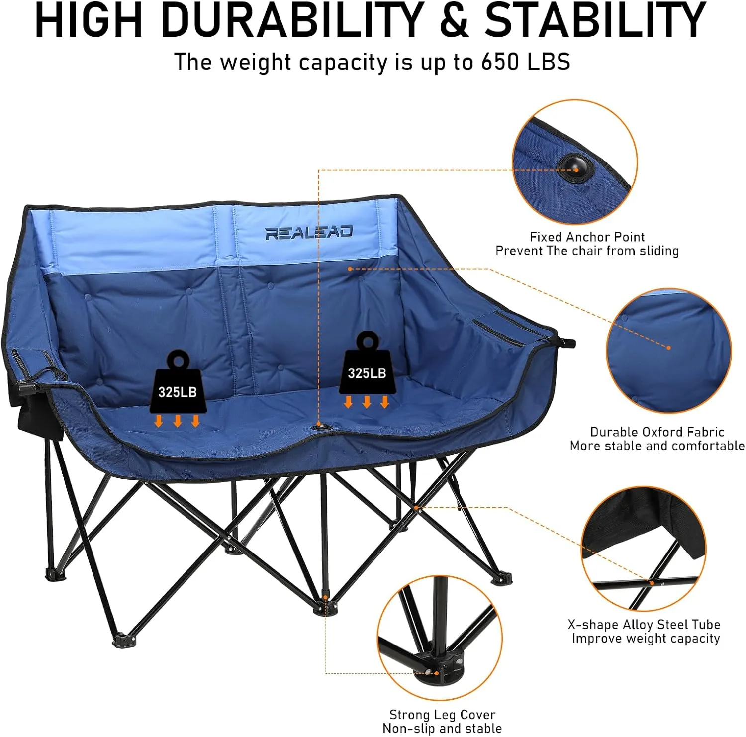 REALEAD Double Camping Chair - Folding Loveseat Camping Chairs for Adults - Two Person Camping Chairs Support 650 lbs - Oversized Camping Loveseat Chair with Cooler Bags for Outdoor Sports - Blue
