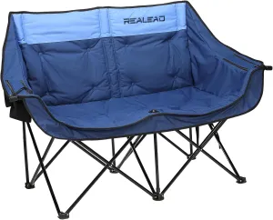 REALEAD Double Camping Chair - Folding Loveseat Camping Chairs for Adults - Two Person Camping Chairs Support 650 lbs - Oversized Camping Loveseat Chair with Cooler Bags for Outdoor Sports - Blue
